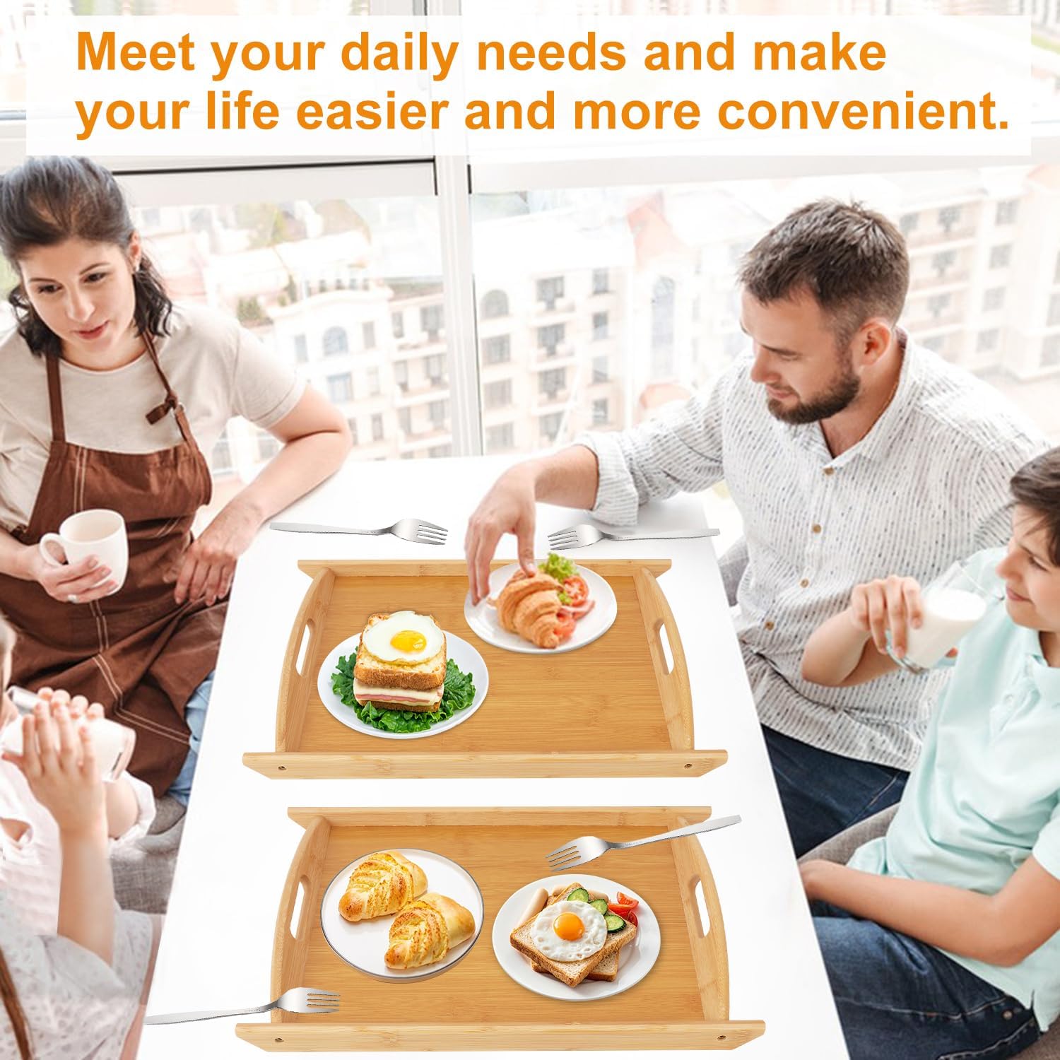 4 Pack 17.3 Inch Large Bamboo Serving Tray with Handle, Decorative Bamboo Breakfast Tray for Breakfast, Kitchen, Outdoor Picnic, Snack (17.3 x 12 x 1.2 Inch) - Image 7