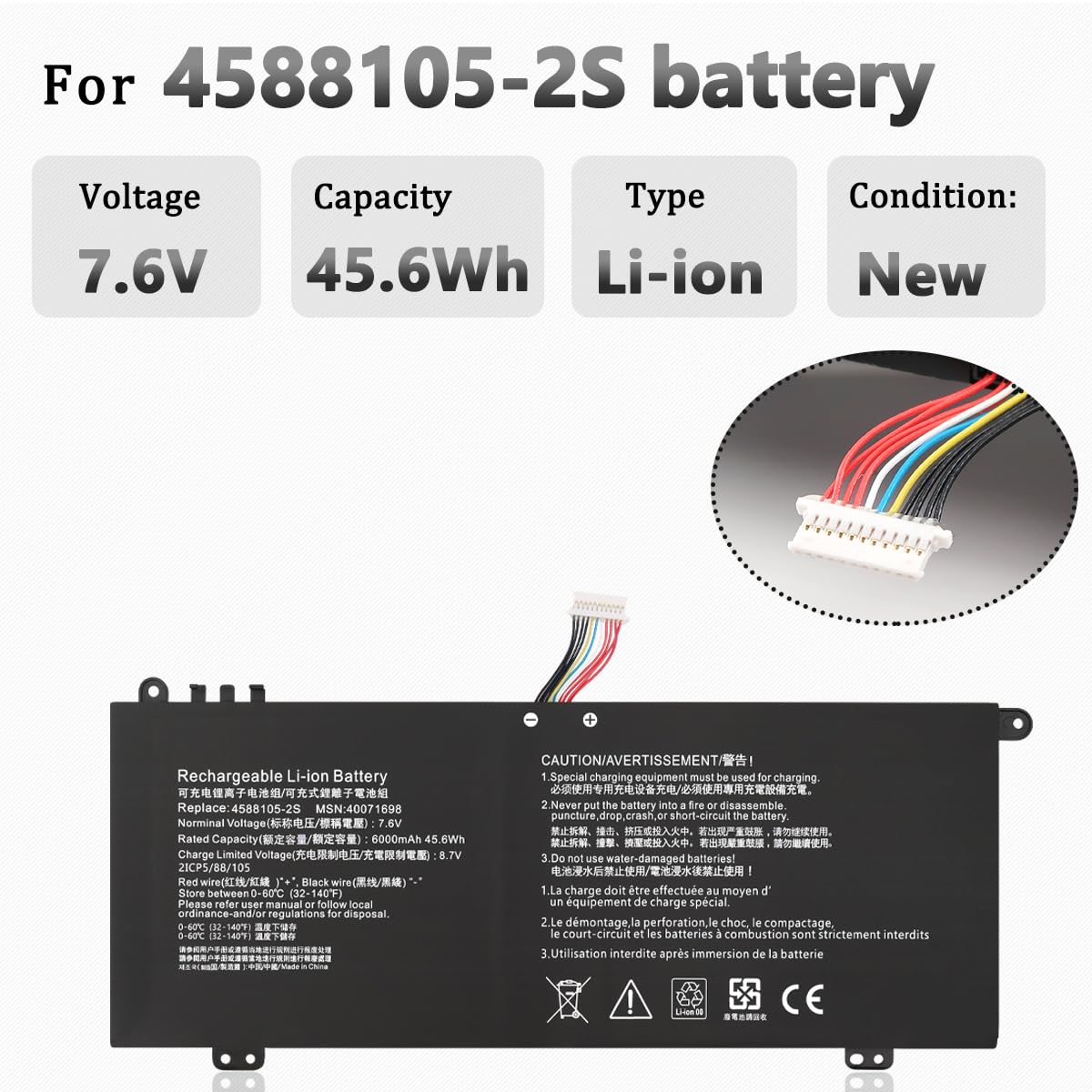 4588105-2S 4588106-2S Batería para Dynabook Satellite Pro C50-G C50-J C50-E C50-H C40-G C40-H C40-J CS40L CS50L, para MEDION Akoya E15403 40071698 40072215 4588106 7.6V 6000mAh