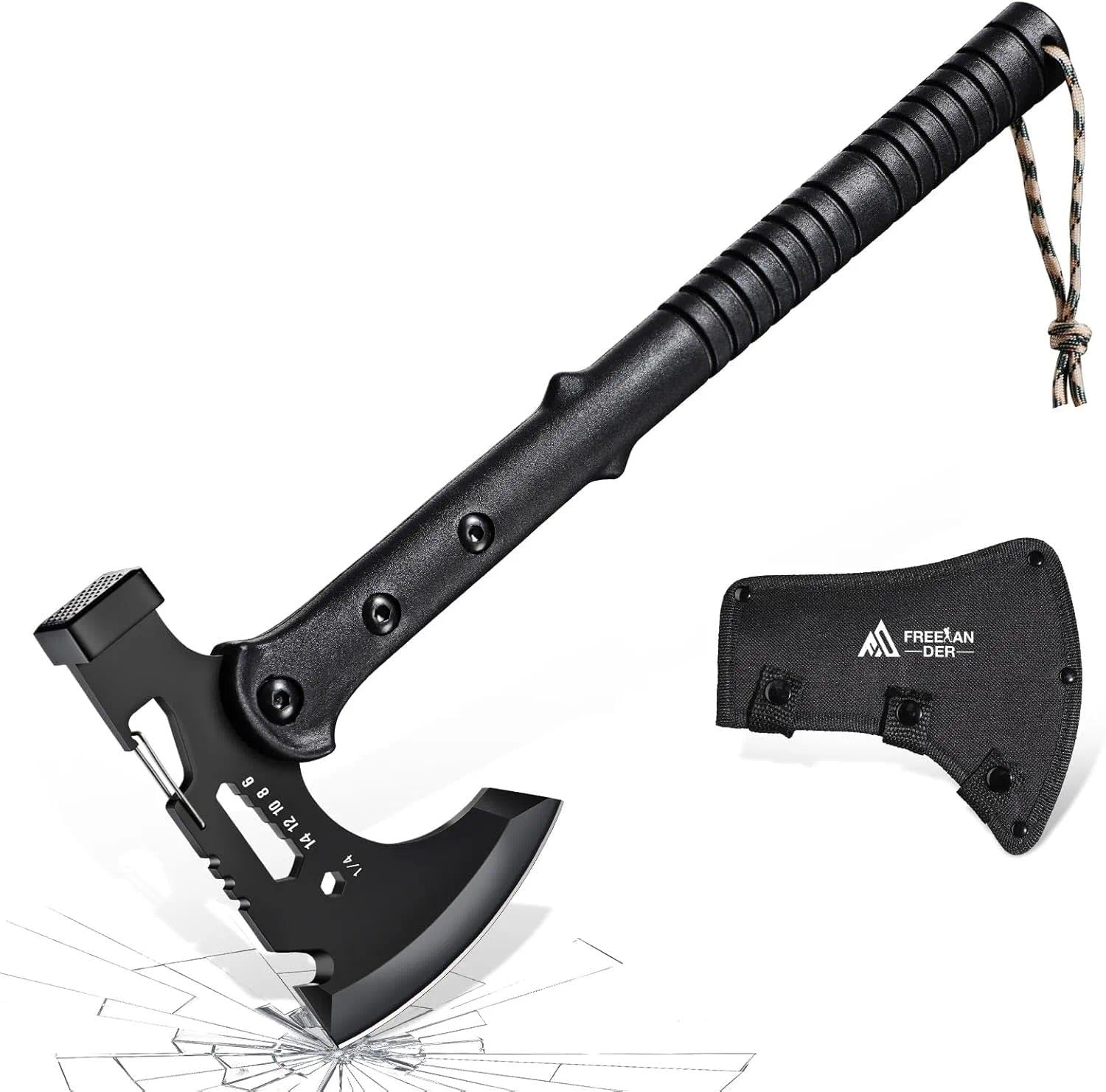 Camping Axe with Sheath, Sharp Tactical Hatchet Axe with Clip and Bottle Opener, Multi-Functional Hammer Tactical Tomahawk, Survival Tomahawk Axe for Camping (Black, 15 Inch)