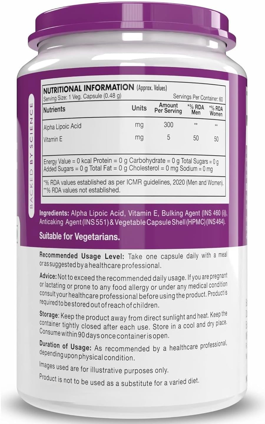 Nutrition Alpha Lipoic Acid - ALA- Pack of 60 Veg. Capsules - Gluten Free & Non-GMO