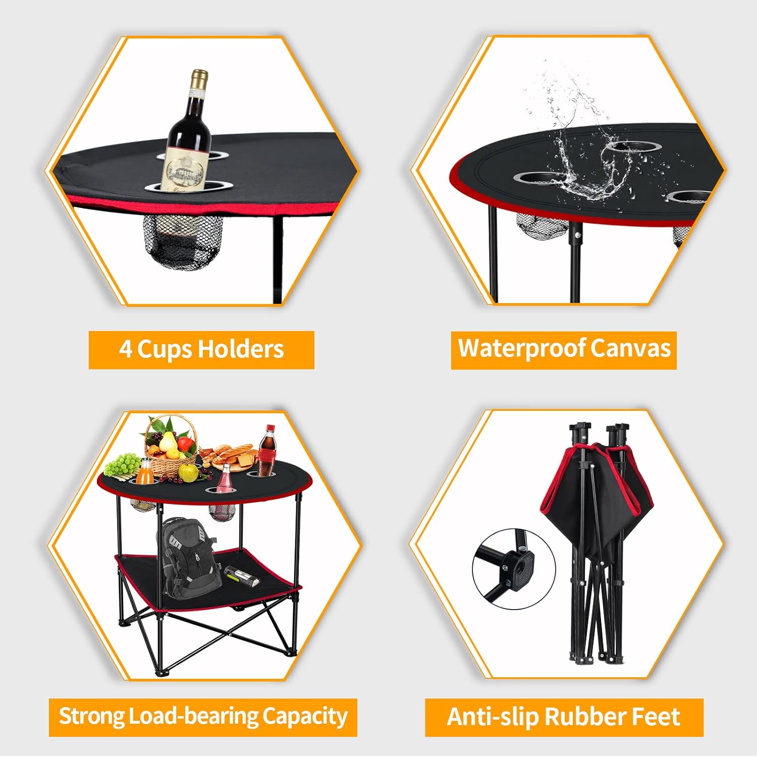 Folding Camping Table,Portable Picnic Table with 4 Drink Cup Holders & Carrying Bags,Lightweight Collapsible Beach Table,Canvas Patio Table Outdoor,Small Folding Table for BBQ,Garden,Travel(Red)