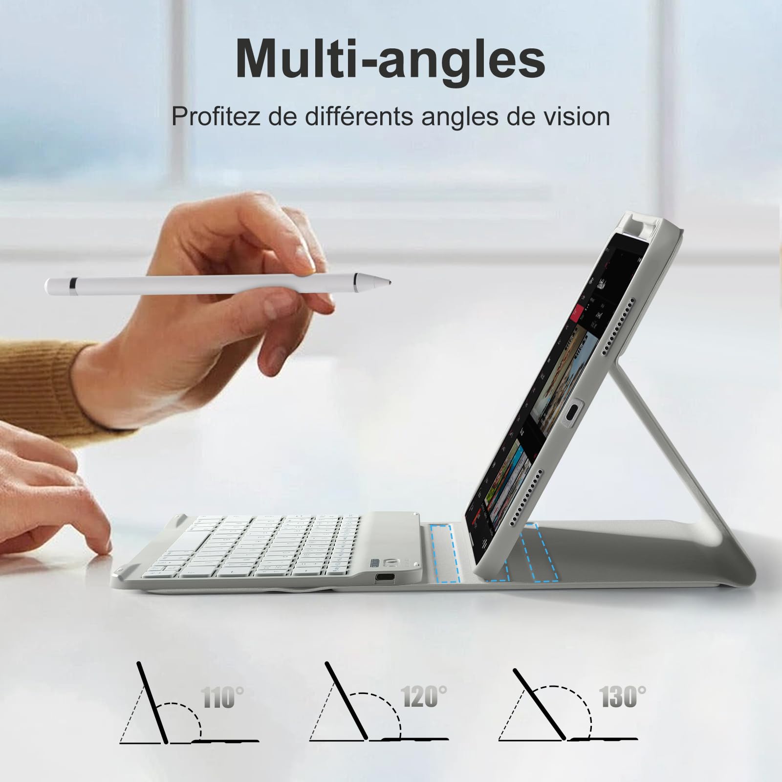 drivego Coque Clavier pour iPad A16 11/10 Ème Generation (11 Pouces 2025/10.9 Pouces 2022), Étui Keyboard à Touches Anti-Arrachage avec Porte Crayon, AZERTY Layout pour iPad 10eme/11eme, Gris Clair