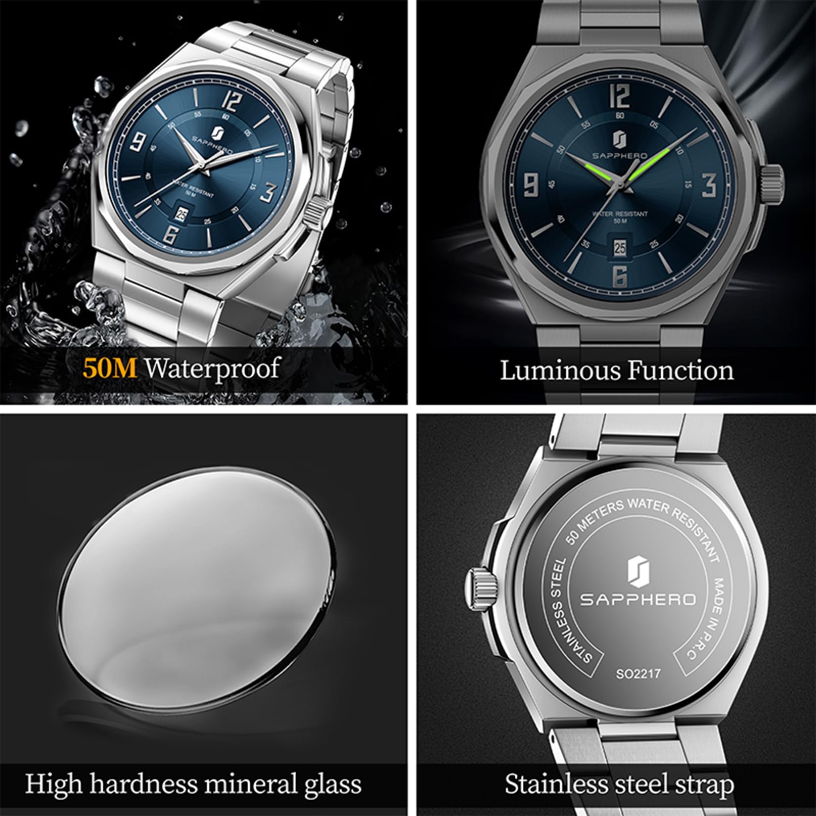 SAPPHERO Reloj analógico de cuarzo para hombre, esfera con fecha y números arábigos, resistente al agua 50 m, luminoso, estilo deportivo y corporativo, correa acero inoxidable y cuero, regalo elegante