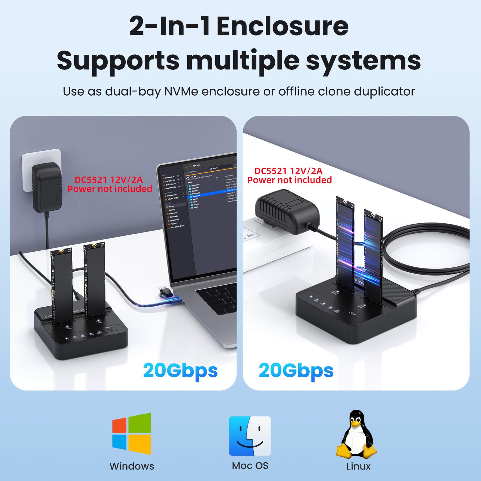 cablecc Dual-Bay Cloner 20Gbps NVME M.2 NGFF M-Key a USB-C One-Click Offline Clone Backup Enclosure Hyper Vertical Duplicator