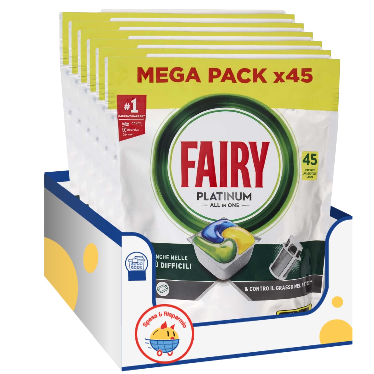 Pastiglie Lavastoviglie Limone – 45 Capsule – Tutto in 1 kit con Spugna Brandizzata SPESA & RISPARMIO Inclusa – Variazioni 2/4/6 Pezzi (6)