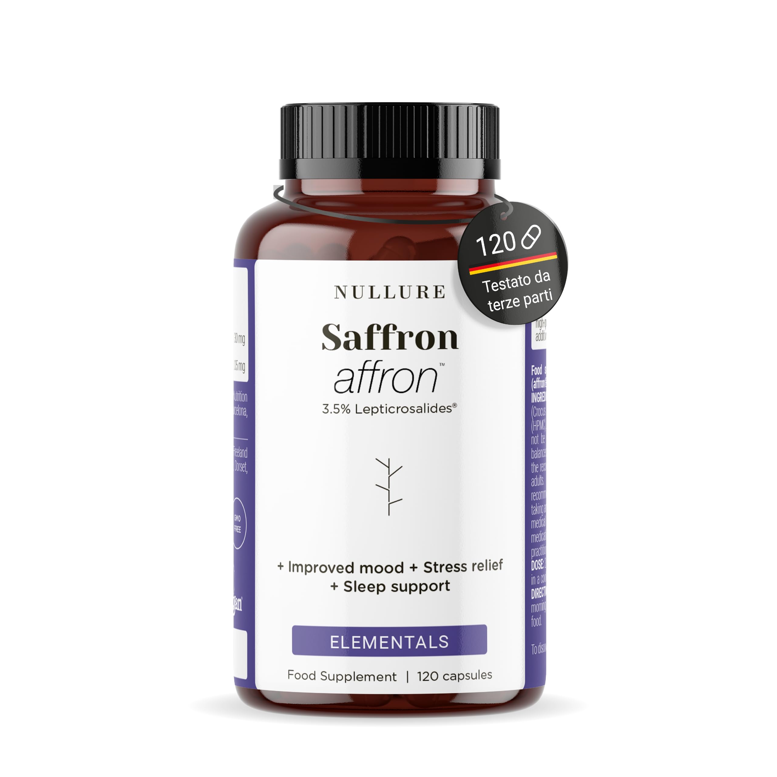 Nullure Zafferano Spagnolo Premium |Zafferano integratore brevettate Affron® | 3,5% Lepticrosalidi | Affron | Vegano e senza additivi |Umore · Stress · Ansia | Estratto di Affron puro | 120 capsule