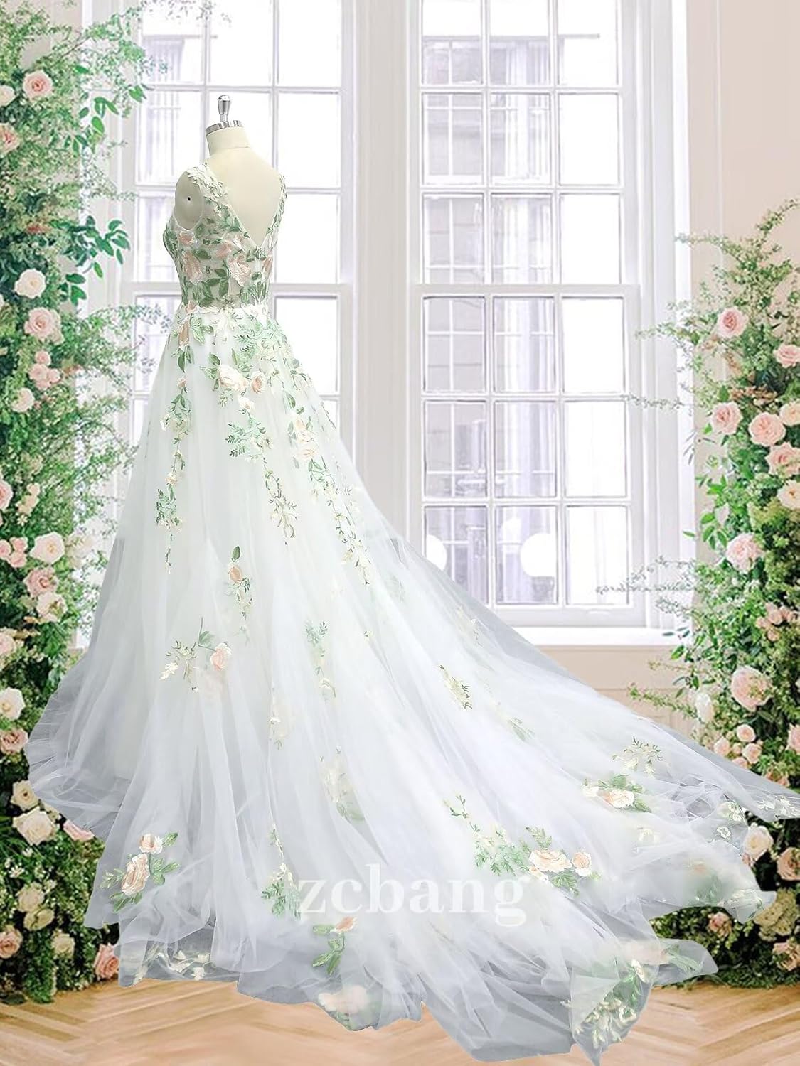 zcbang Forest Fairy Lace Wedding Dresses for Bride Colorful Tulle Bridal Gown with Train