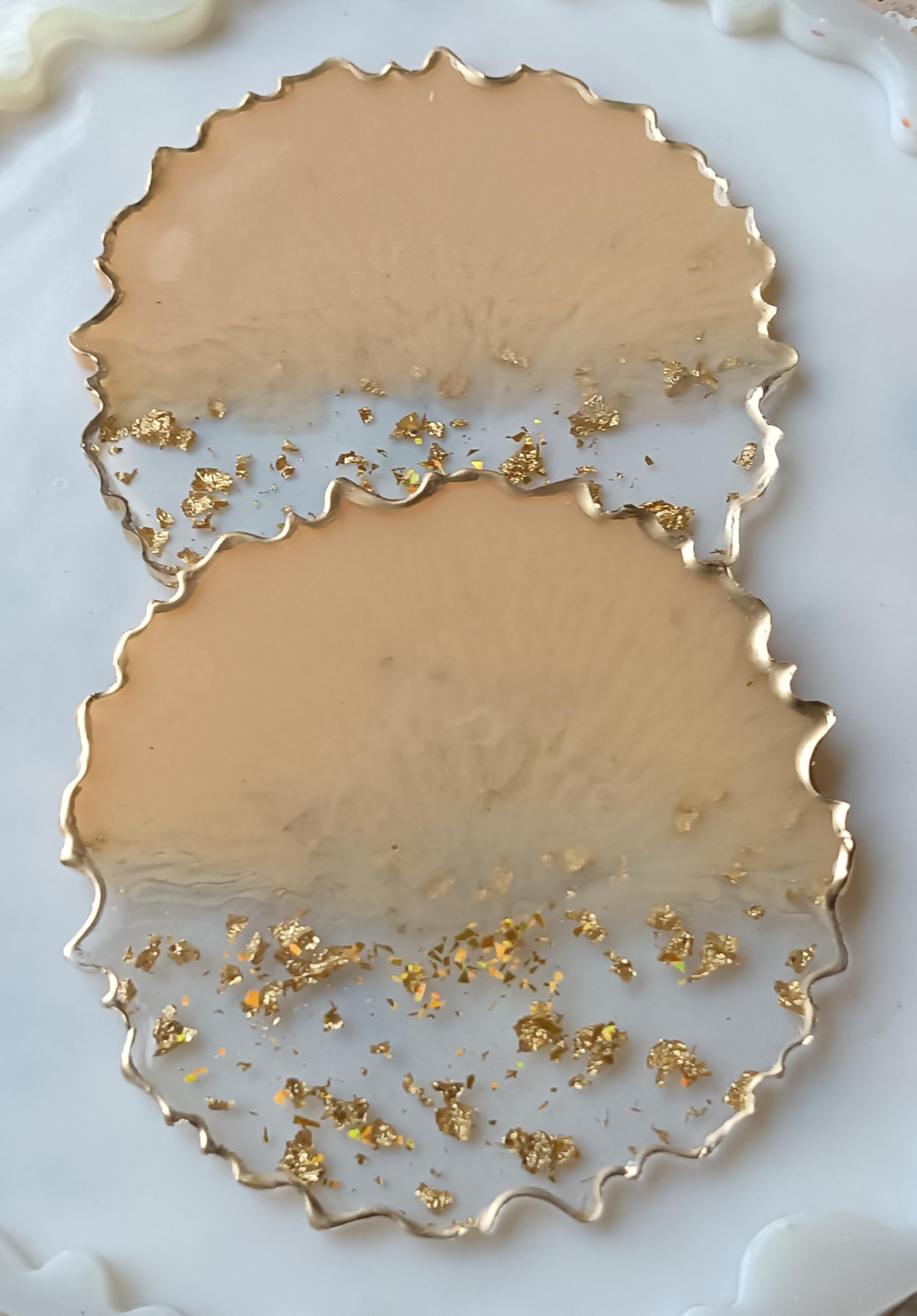 elegant resin coaster with gold flakes, scalloped edge, beige, 4 inch, decorative home accent, set of 2