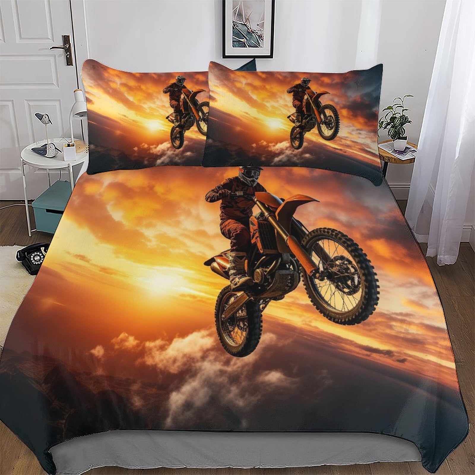 Motocross Duvet Cover Set Microfiber Bedding Set Quilt Cover 2 Pieces with Pillowcases For Boys Girls Comforter Cover Single(135x200cm)