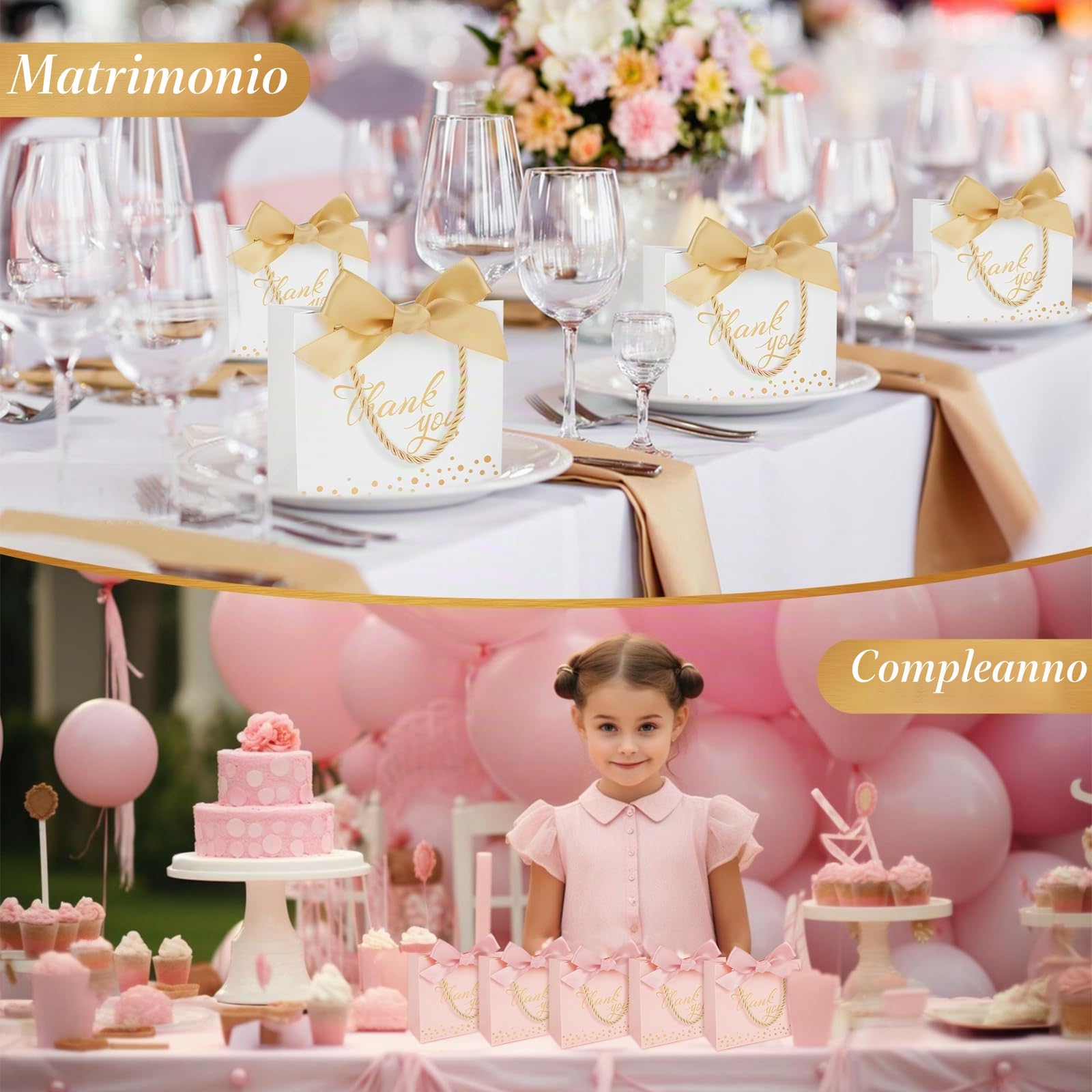 100PZ Piccoli Sacchetti Regalo di Ringraziamento con Manici-14x6x12cm | Bianco Sacchetti Regalo di Ringraziamento, Sacchetto Regalo Con Fiocco Oro per Matrimonio Compleanno Doccia Nuziale Lauree