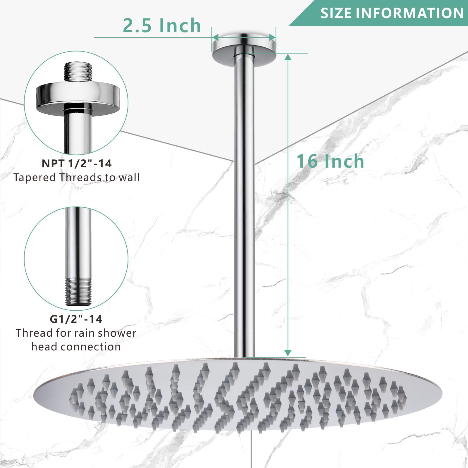 Voolan Shower Arm with Flange, Ceiling Mounted Round Fixed Shower Pipe, Bathroom Straight Rain Shower Replacement Arm - Image 2