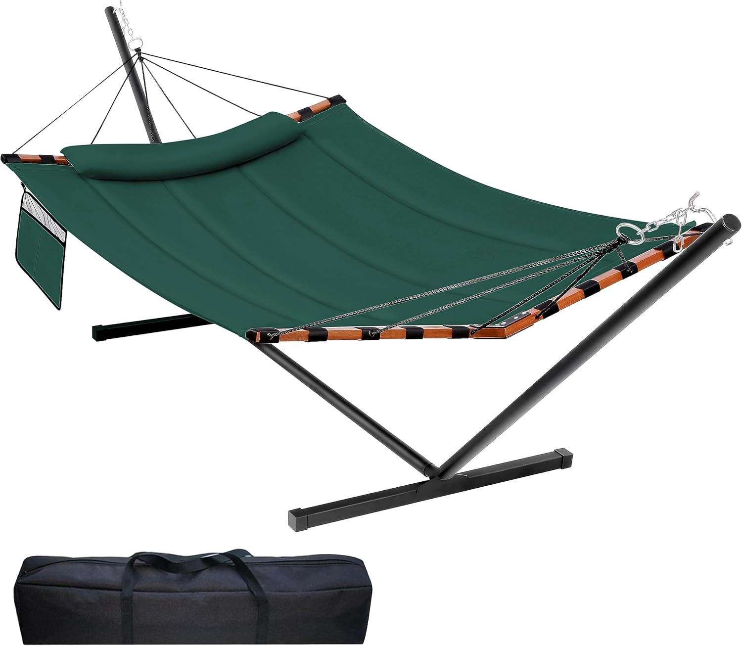 TegerDeger 12FT 2 Person Hammock Large Hammock 450LB Capacity with V Shaped Hardwood Spreader Bar & Nylon Rope for Outside, Patio, Garden, Backyard, Beach, Poolside - Dark Green