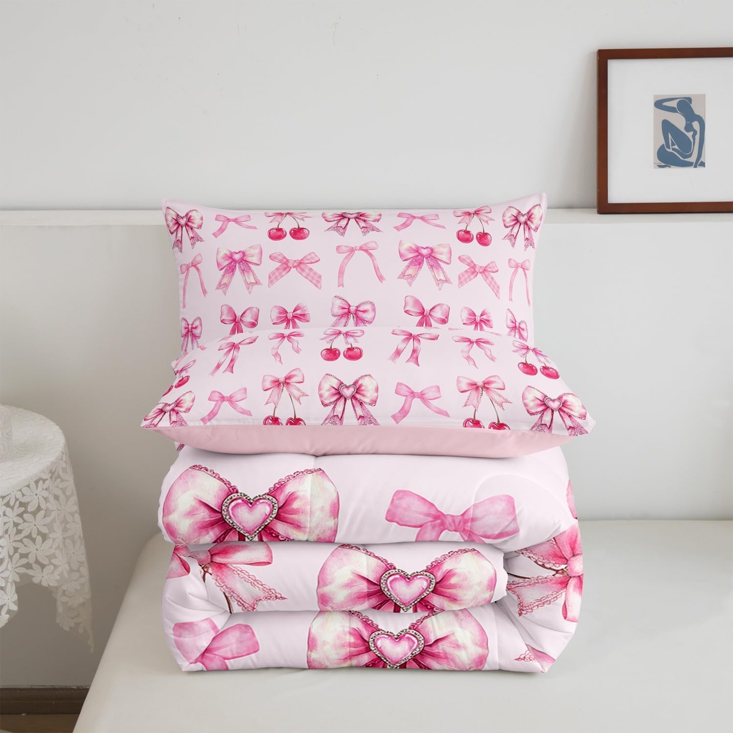 Erosebridal Pink Cherry Bow Comforter Set Cute Silk Ribbon Bowknot Twin Bedding Sets for Girls,Princess Bow Tie Bed Set Dreamy Kawaii Duvet Set,Girly Light Pink Room Decor Aesthetic