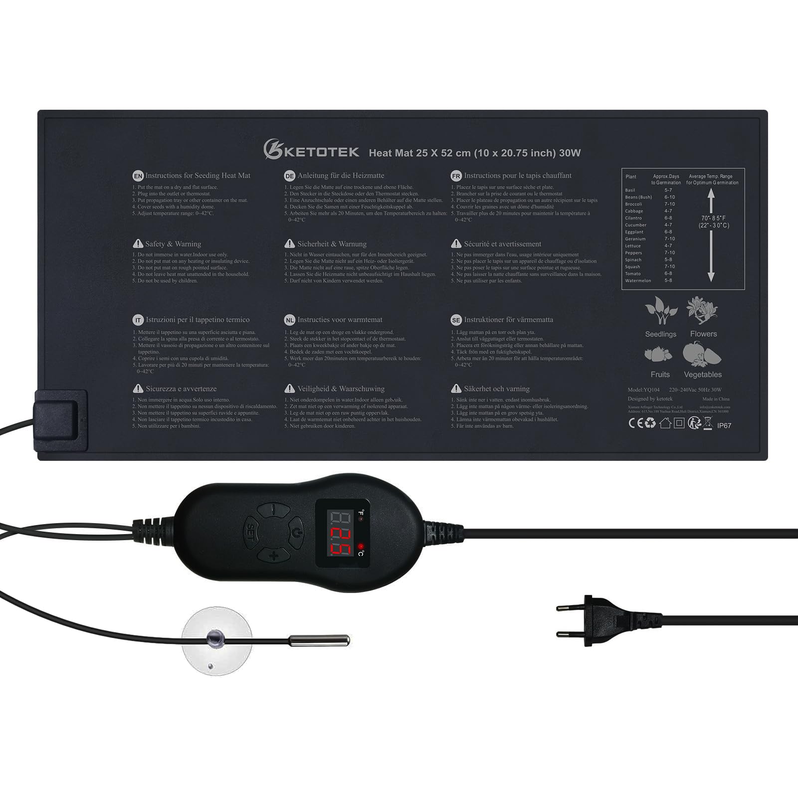 KETOTEK Tapis Chauffant avec Thermostat 220V 30W pour Semis Plante, Nappe Chauffante Mini Serre avec Contrôleur de Température 0℃~42℃, IP67 Imperméable