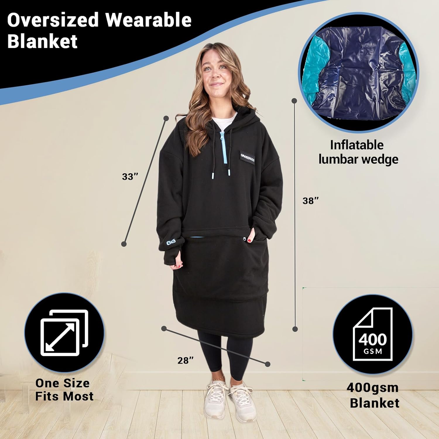 Wearable Blanket Hoodie for Gamers by Game Snugg.Thumb Holes,Inflatable Lumbar Wedge,Hook/Loop Brand Tag,Large Front Pocket for Hands and Controller.Oversized Flannel Hooded Blankets.One Size Fits All