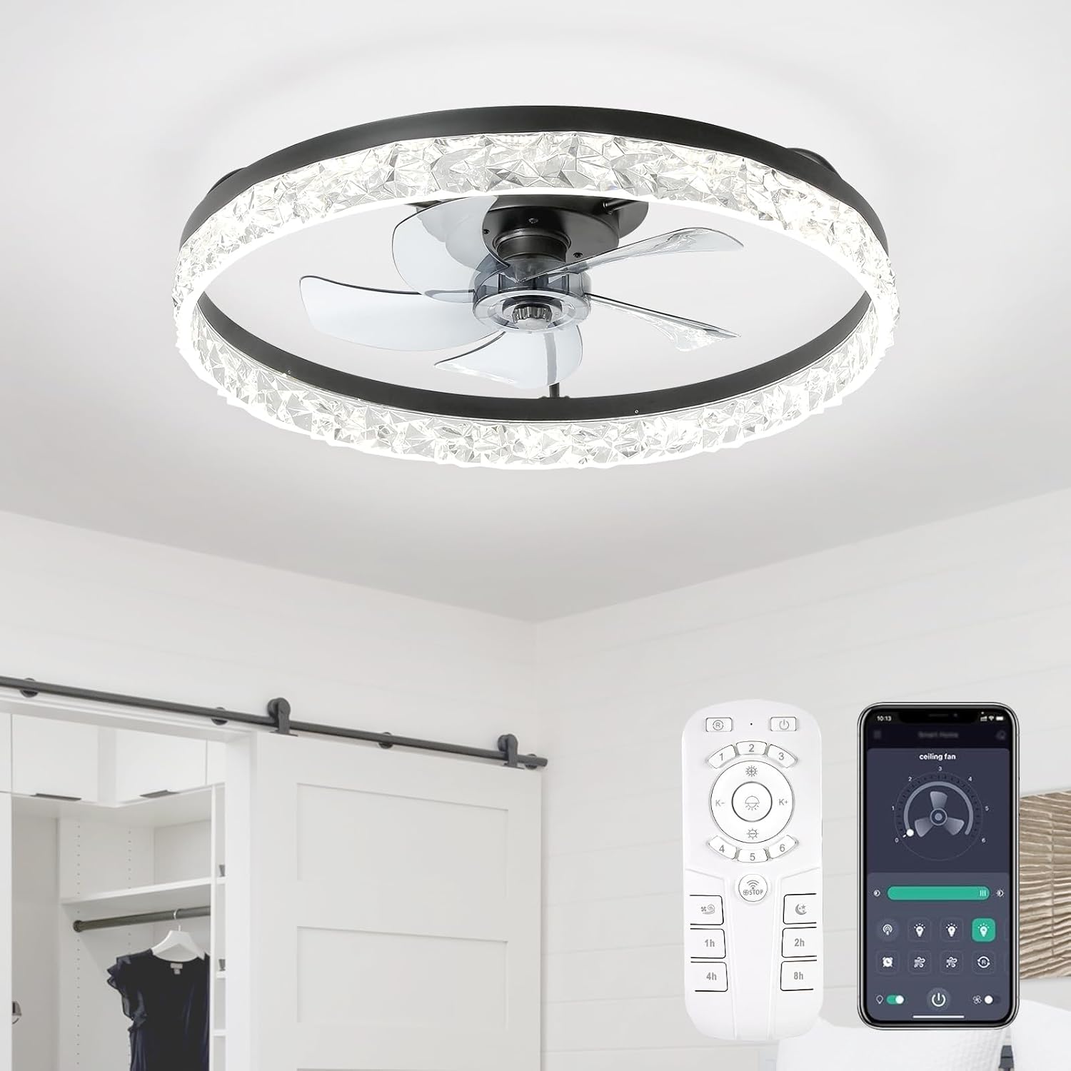 Ceiling Fans with Lights, 24 Inch Low Profile Flush Mount Fandelier Ceiling Fan with Remote, Low Noise, Reversible DC Motor, Dimmable LED Fan for Bedroom, Kitchen, Dining Room, Kids Room Matte Black 24 inch