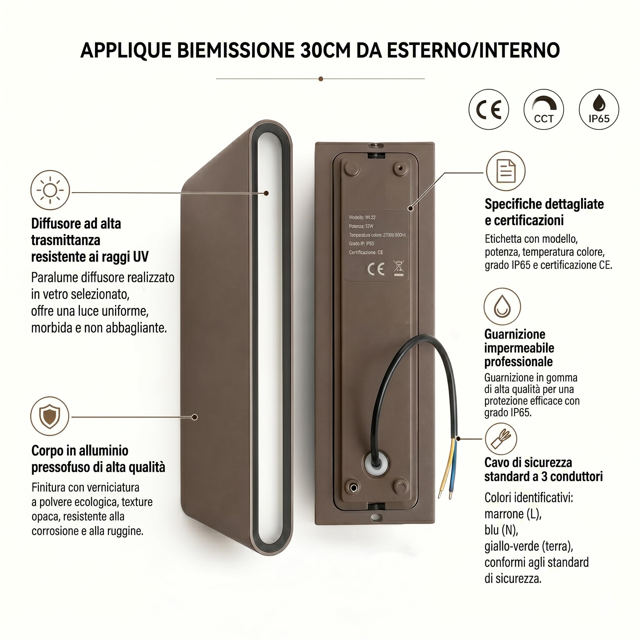 Dopa Applique da Parete LED 20W biemissione Moderna per Esterni e Interni 30CM, Lampada da Muro in Alluminio Rettangolare Impermeabile IP65, Luce per Giardino, Corridoio, Bagno, Soggiorno, Scale