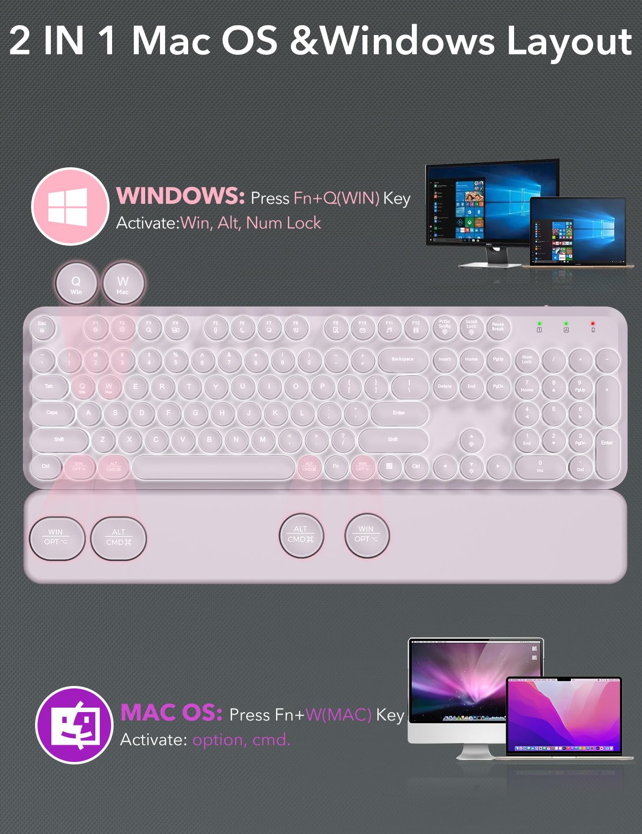 Tastiera e mouse wireless retroilluminati - Macchina da scrivere, poggiapolsi magnetico | Tasti rotondi retrò, lettere illuminate, combo cordless da 2,4 GHz per Mac, Windows, PC, laptop, Trueque CK23Pro [aggiornato]