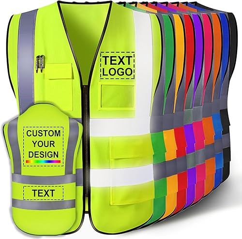 Chaleco de seguridad personalizado para hombres con logotipo, chaleco de seguridad reflectante de alta visibilidad personalizable con bolsillos para