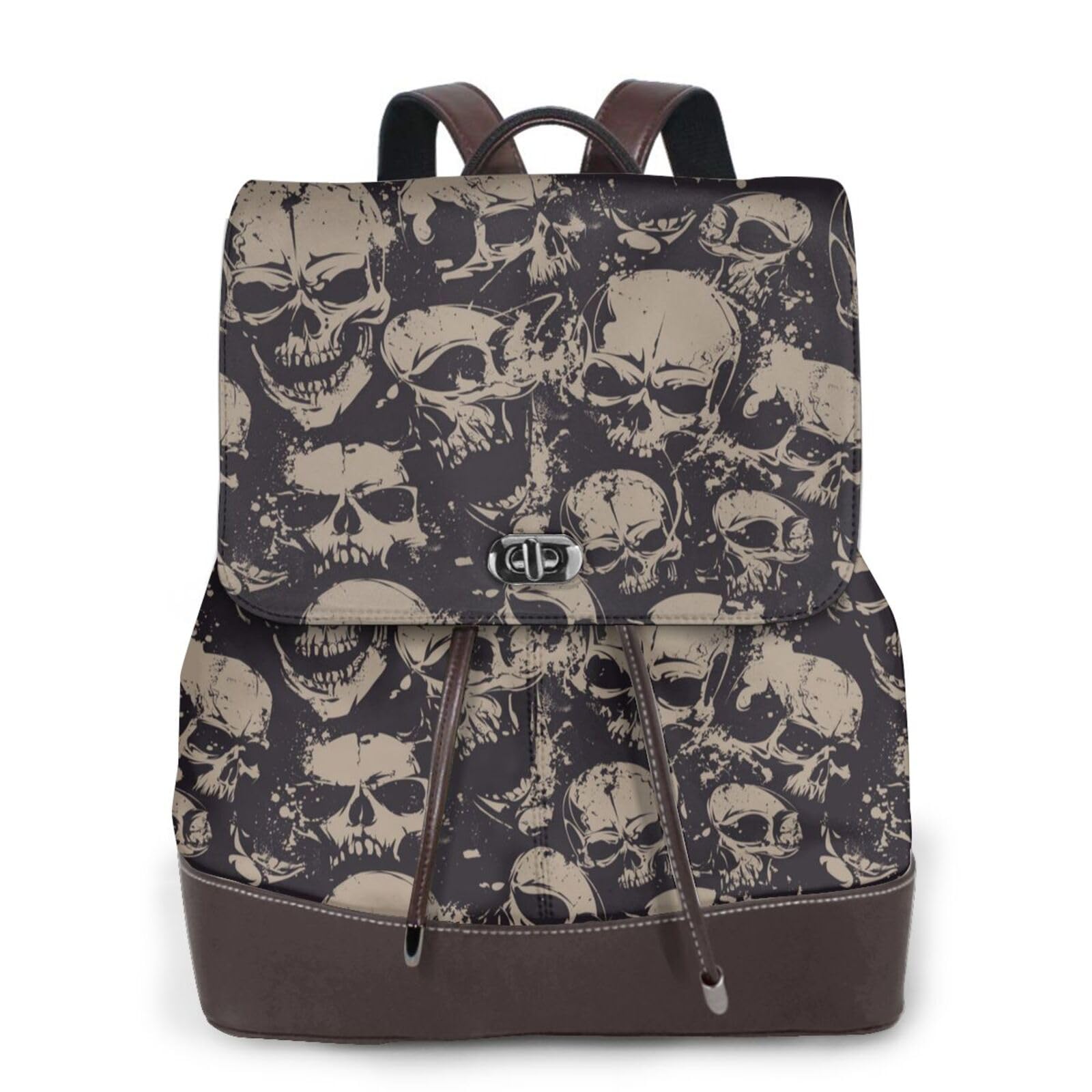 Wksgdsg Women's Cool Skull Graphics Modern Leather Backpack For Rucksack With Lid, 12.5 Inch Pu Leather Backpack For Girls, Fashion Daypacks For Travel Shopping Work, Medium, Multi-Functional