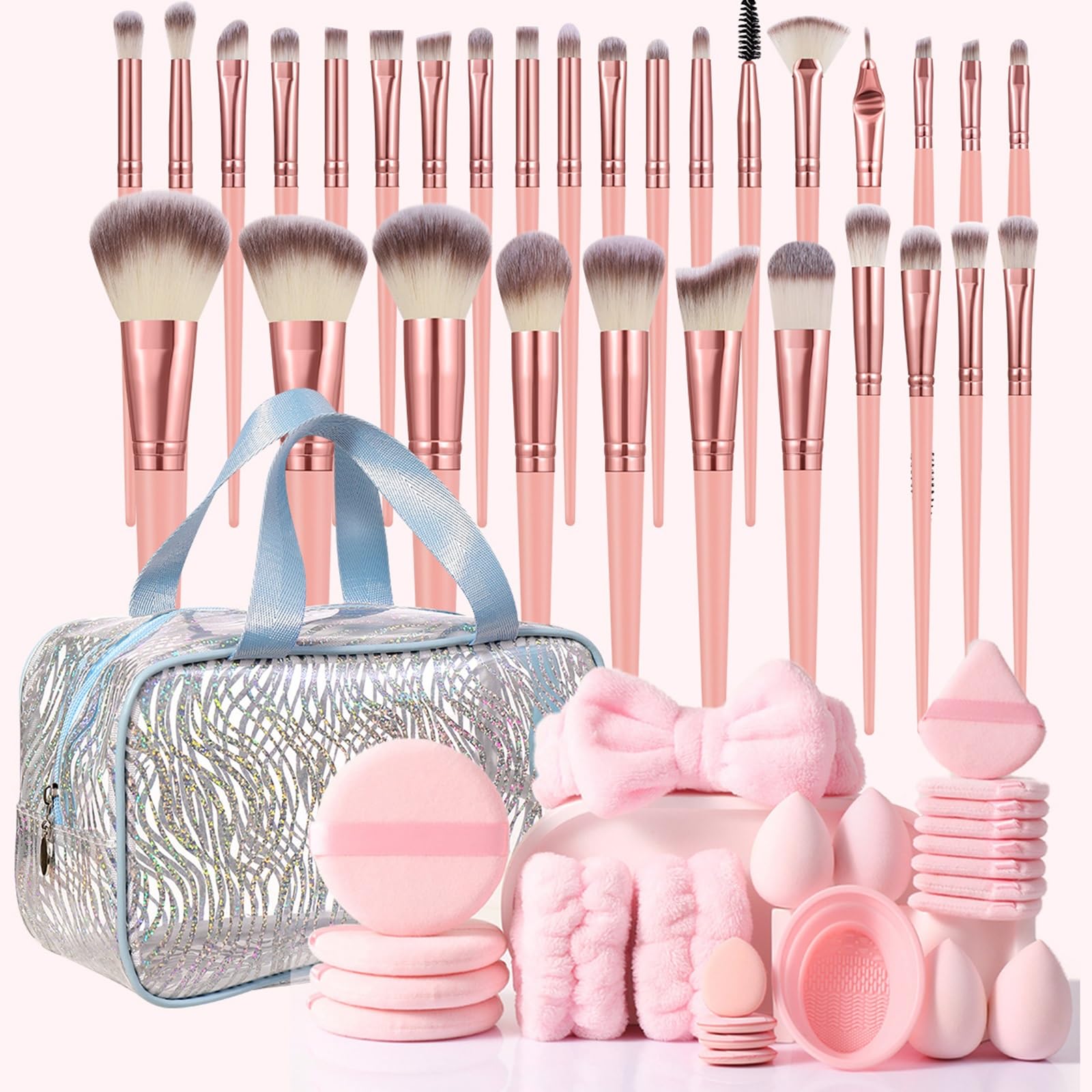 Professioneller Make-up-Pinsel-Satz mit Puder-Pads,Beauty-Eggs & tragbarer holografischer Make-up-Tasche – Komplettes Make-up-Tool-Set mit Silikon-Reinigungsschüssel & Schleifen-Reinigungspad