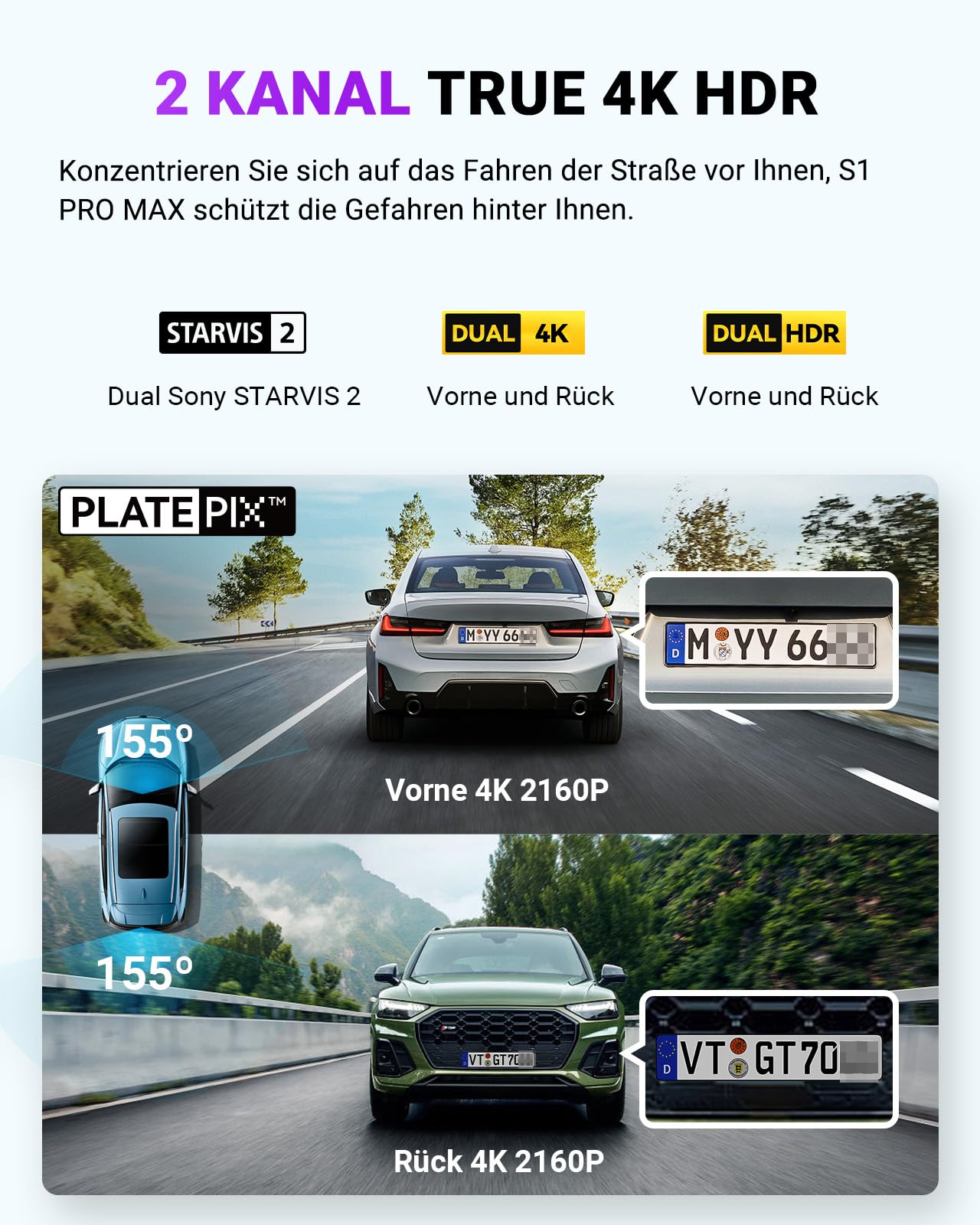 VANTRUE S1 PRO MAX 4K+4K Dashcam Auto Dual STARVIS 2 IMX678 HDR Nachtsicht Dash Cam Vorne Hinten, 5,8GHz WLAN GPS, 15S Puffer Parkmodus, DSGVO-konform, AI Auto Kamera ADAS BSD, Sprachbefehl, 1TB Max