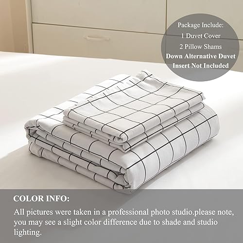 Miniatura 8 de VClife Funda de edredón de algodón individual XL, juego de ropa de cama a cuadros tamaño individual XL, estilo simple, blanco y gris, funda de