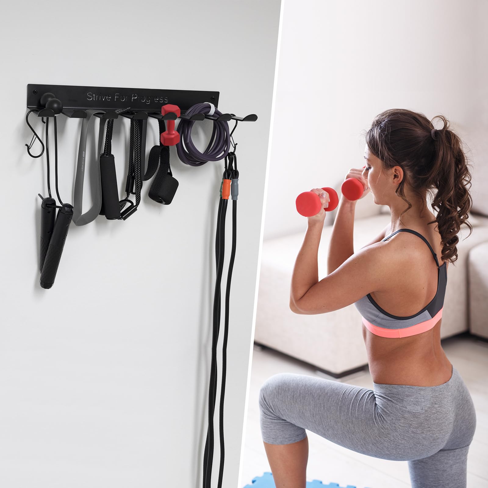 Gym Rack Organizer mit 8 Haken, 3 mm Dicke, Heim-Fitness-Ausrüstung, Mehrzweck-Workout-Ausrüstung, Wandregal, Aufhänger für Langhanteln, Springseile, Ketten, Hebegürtel, Widerstandsbänder