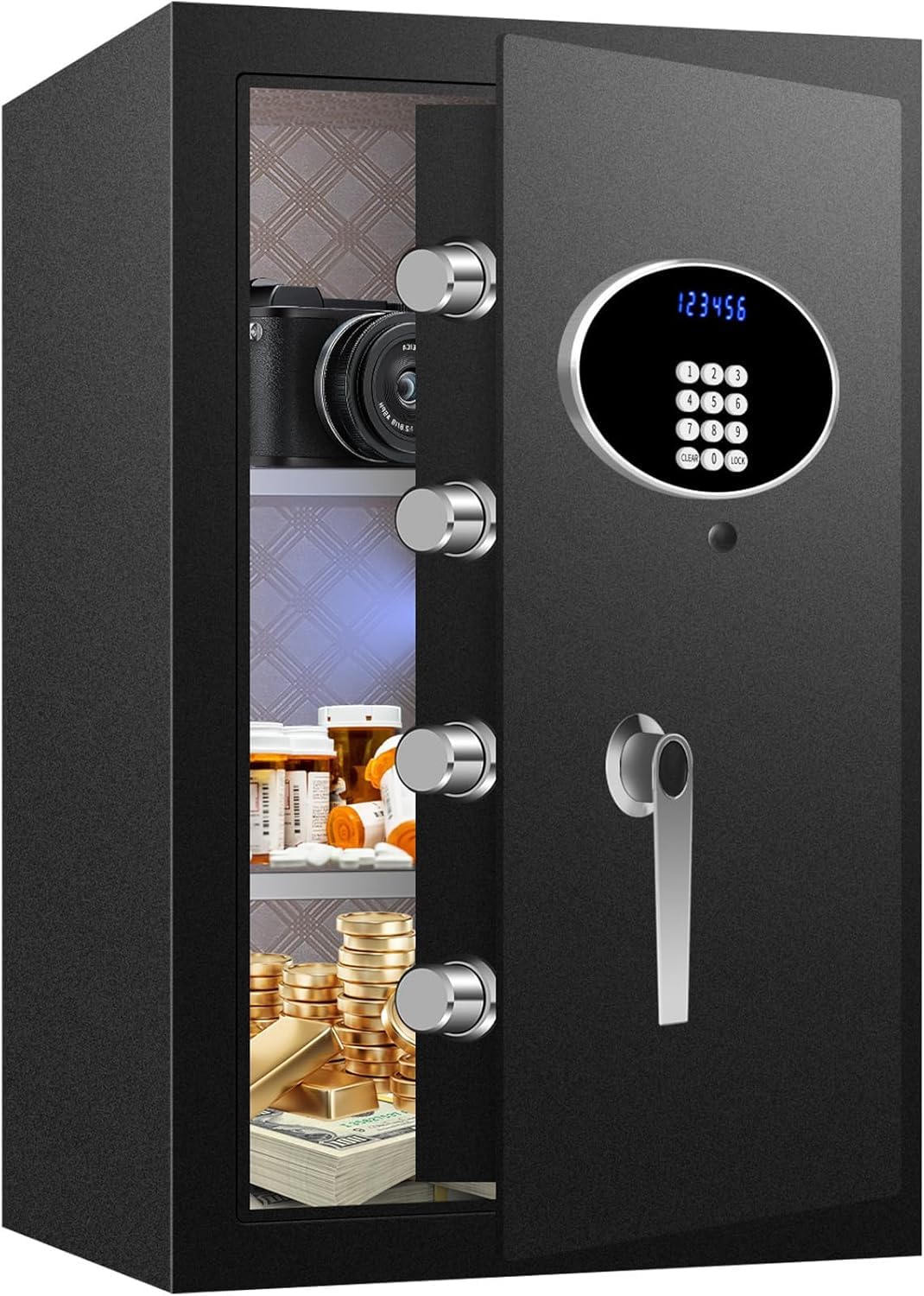 1.3 Cu Premium Fireproof Waterproof Safe Box for Home Use with LCD Screen - Security Safety Box with Digital Keypad and Key Lock, Removable Shelf, LED Light for Document Jewelry Cash Money