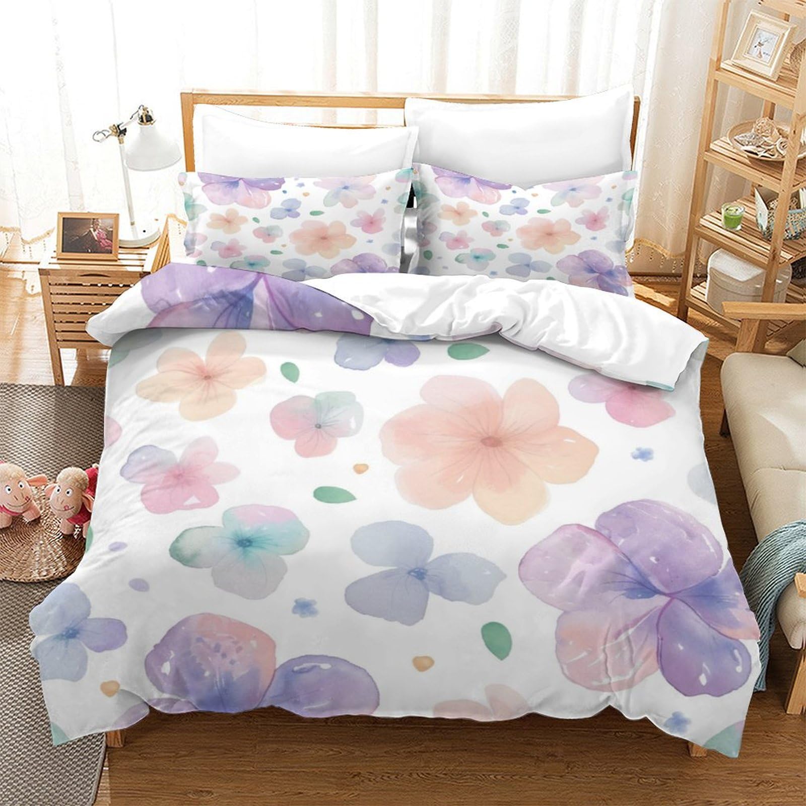 P1S9U7W5Y 3D Printed Dreamy Floral Microfiber 3pcs Duvet Cover Set Pastel Flowers Bedding Set Double（200x200cm）