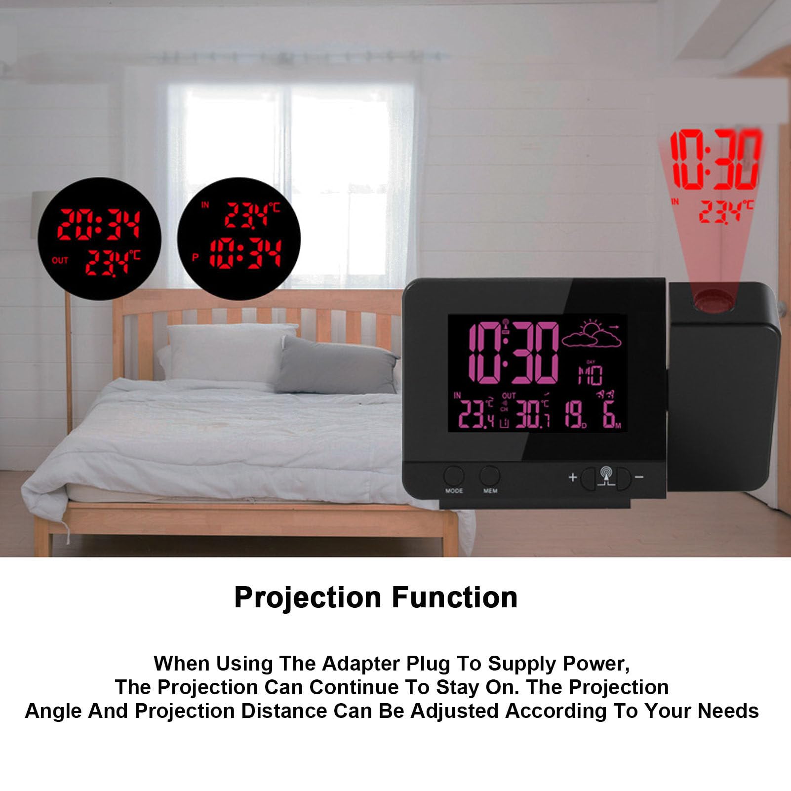 Reloj despertador con proyector giratorio de 180°, alarma dual, función de repetición, visualización de fecha y hora, temperatura interior y exterior, puerto de carga USB