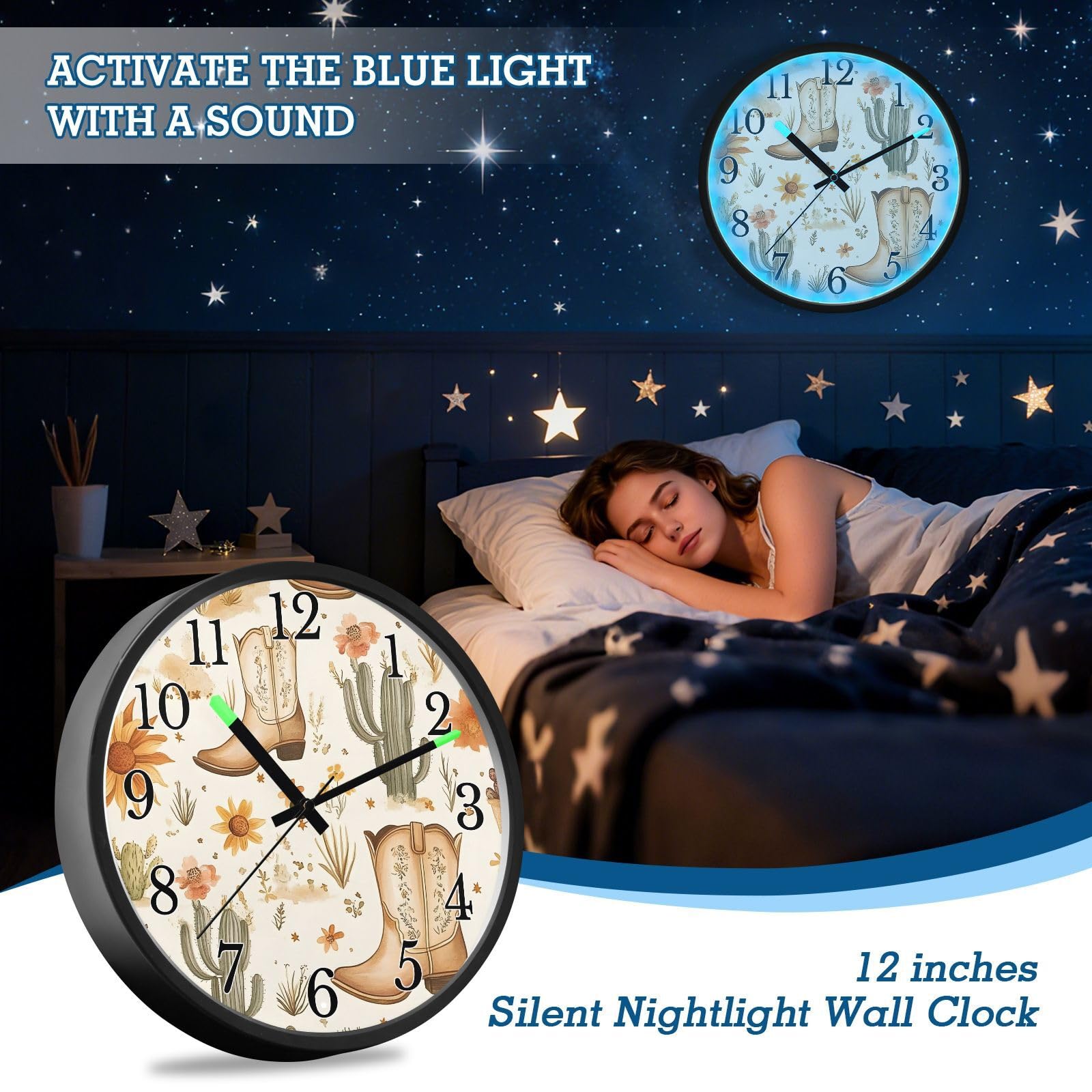Mnsruu Reloj de pared luminoso con botas de vaquero occidentales, reloj de pared bohemio con flores de cactus que brilla en la oscuridad, funciona con pilas, reloj de luz nocturna silencioso sin