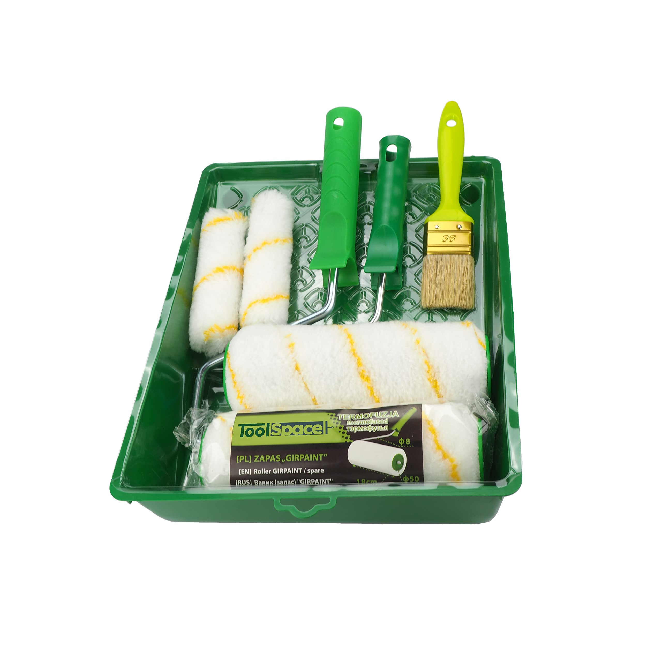 ToolSpace 9 Pièces Rouleau Kit - 2 x 18 cm et Mini Rouleaux 2 x 11 cm avec Manche - Pinceau 2 x 36 mm avec Bac - pour Peinture Murale Interieur Mur - Outils pour Application Crepi Sous Couche Plafond