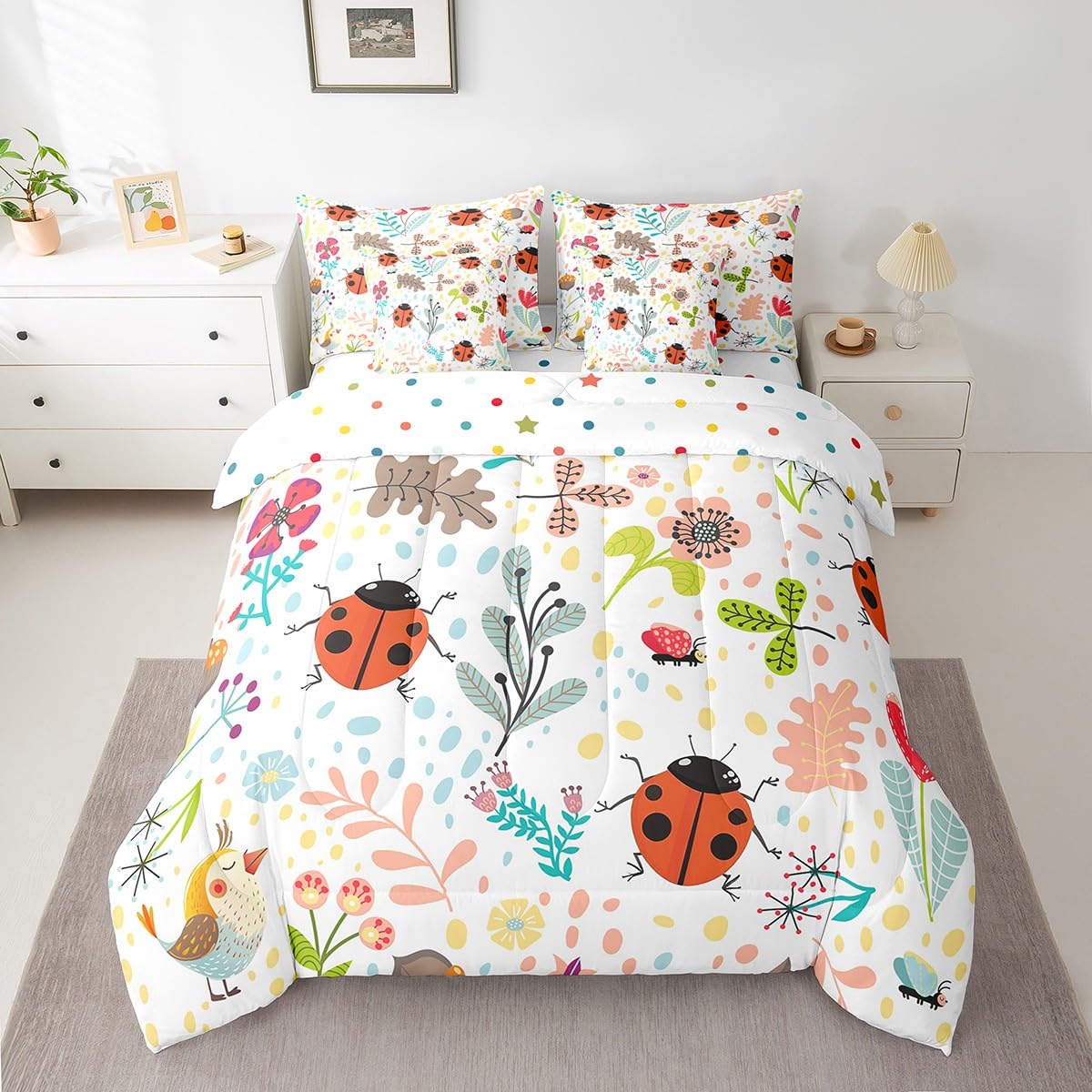Erosebridal Cute Ladybug Full Size Comforter Set 7 Piece with Sheets Cartoon Red Ladybird Bed in A Bag for Kids Girls Botanical Floral Insect Bedding