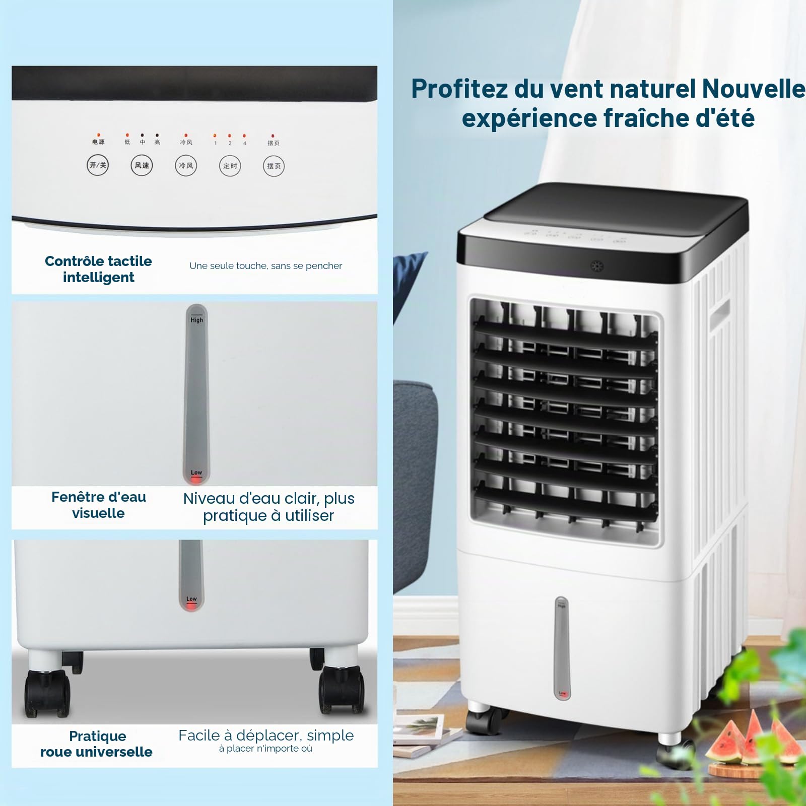 Climatiseur mobile 4 en 1 sans tuyau d'évacuation, humidificateur et purificateur d'air, refroidisseur d'air mobile avec réservoir d'eau de 10 l, télécommande, minuterie, oscillation à 120°, débit