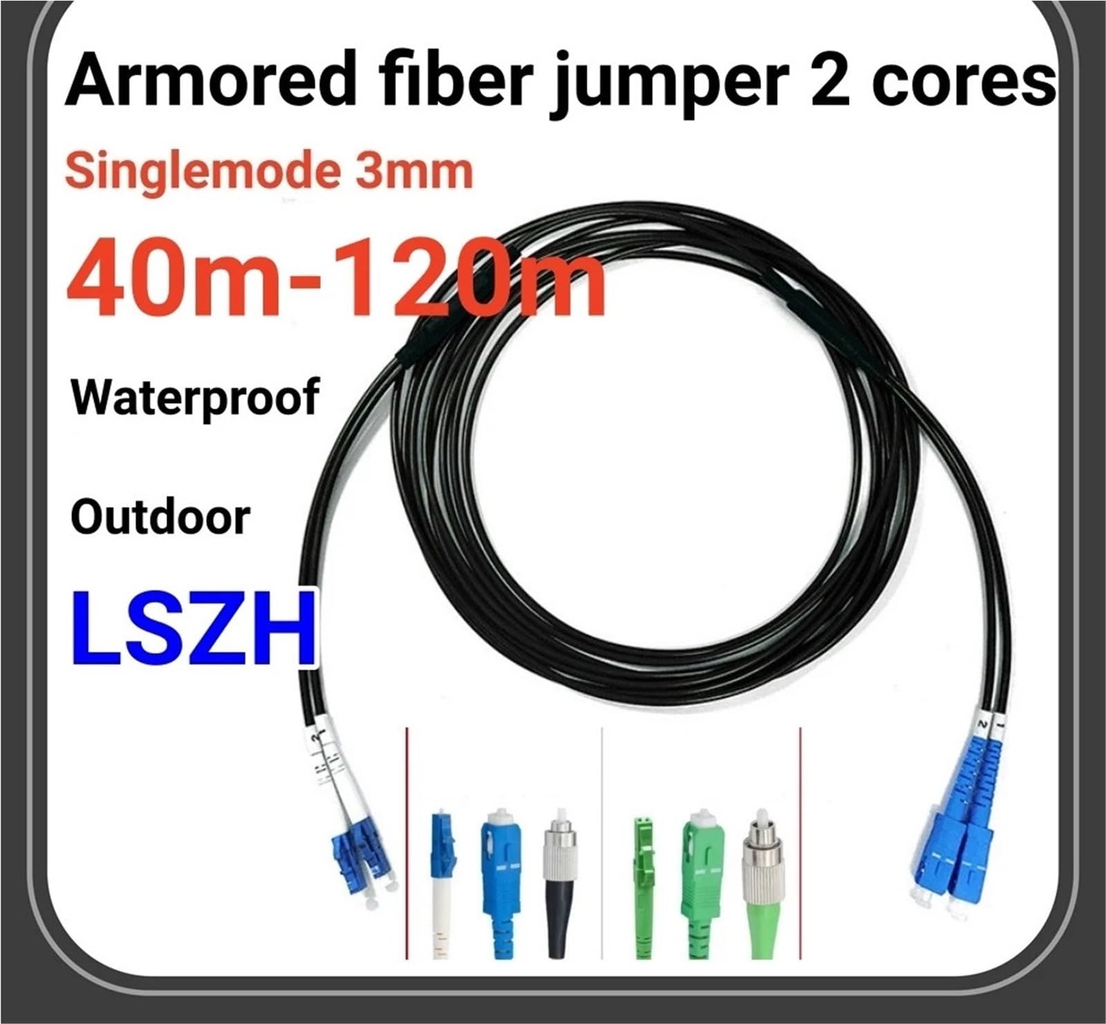 Cavo patch in fibra ottica corazzato 2-core modalità singola 40 m-120 m 3 mm E2000 cavo patch DX esterno (chiedimi a qualsiasi connettore)