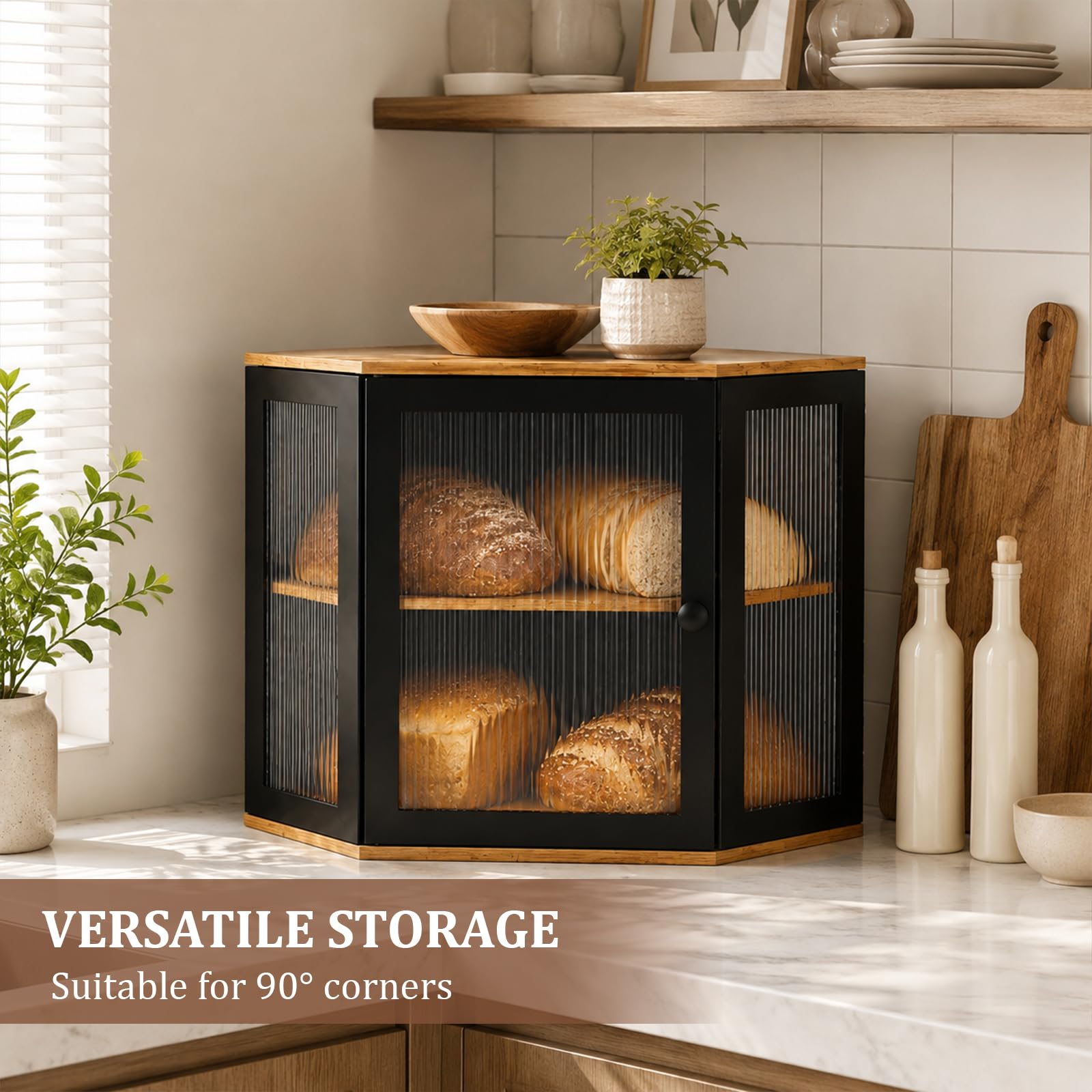 EXLECO Brotkasten Ecke Bambus, 2 Etagen Großes Brotkorb 32x32x35cm Schwarz