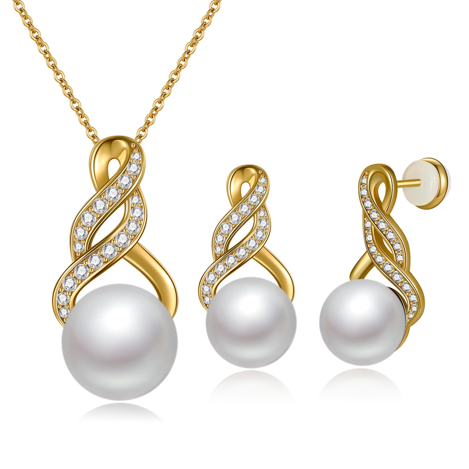 BONLAVIE Perlen Halskette und Ohrringe Set für Damen Rhodium-/Goldplatiert 925 Sterlingsilber Perlen Schmuckset Jubiläum Geburtstagsgeschenk für Sie Verpackt in einer Eternal Rose Box