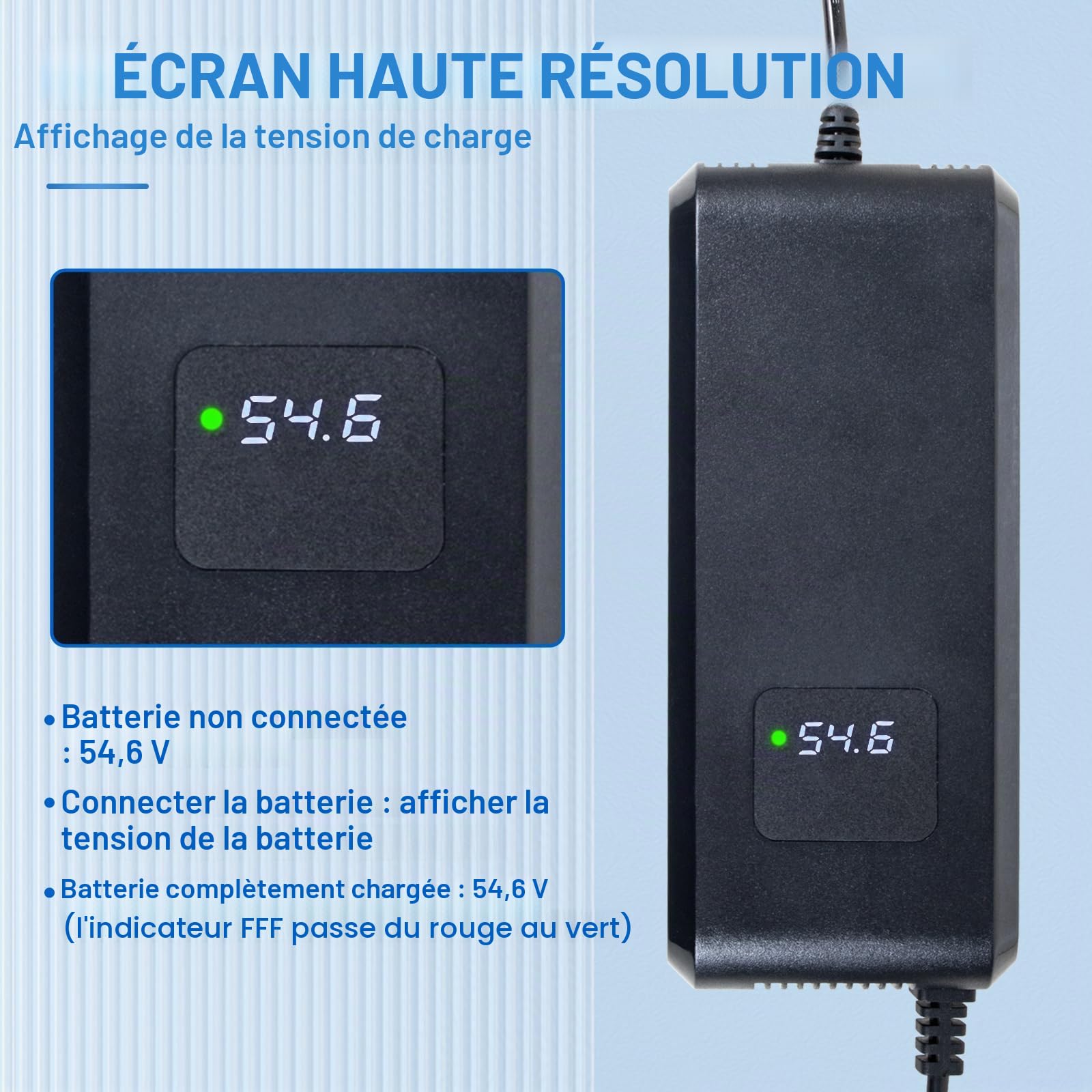 Chargeur de batterie au lithium 54,6 4 A - Pour vélo électrique - 48 V - 13 s - Prise XLR 3 broches - Adaptateur d'alimentation 48 V - Ventilateur intégré avec écran pour afficher la tension de charge
