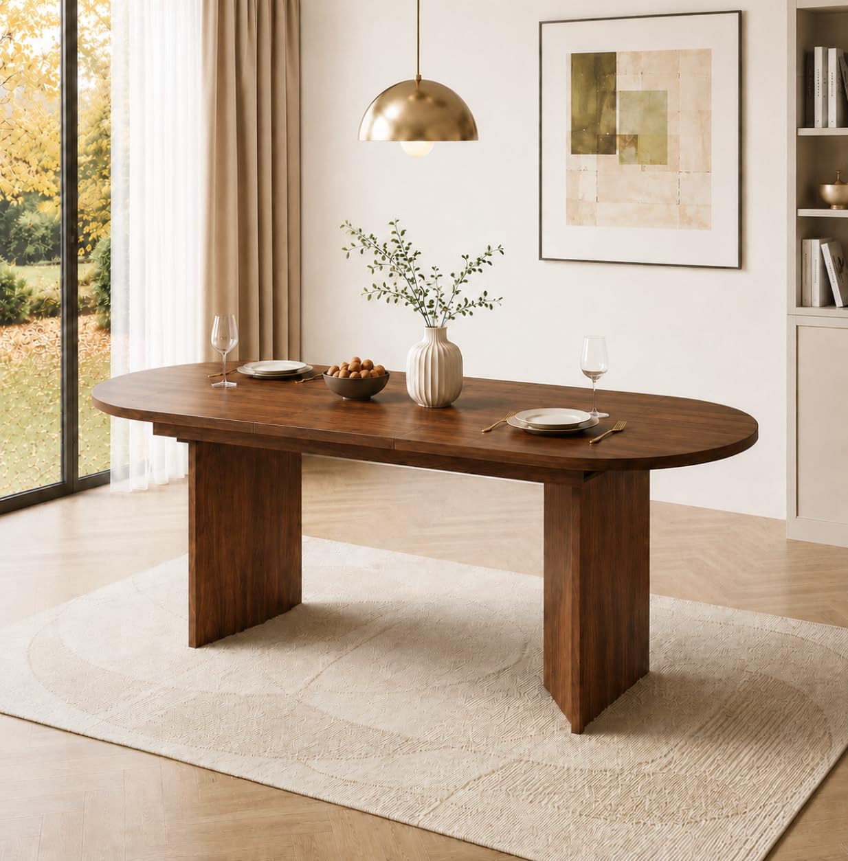 ModernLuxe 120-160 cm Oval Extendable Dining Table for 4-6 People, Wood Grain Kitchen Dining Table with Hidden Sliding Extension, Space-Saving Design, Walnut Finish