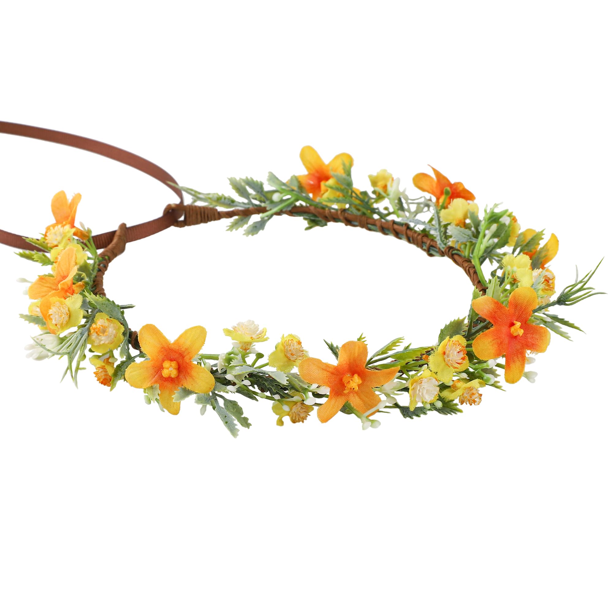 KorViSHOW Handmade Orange Flower Crown for Girls Women Bridal Headband Bride Flower Crowns Floral Headpiece Garland Hair Wreath for Weeding Birthday