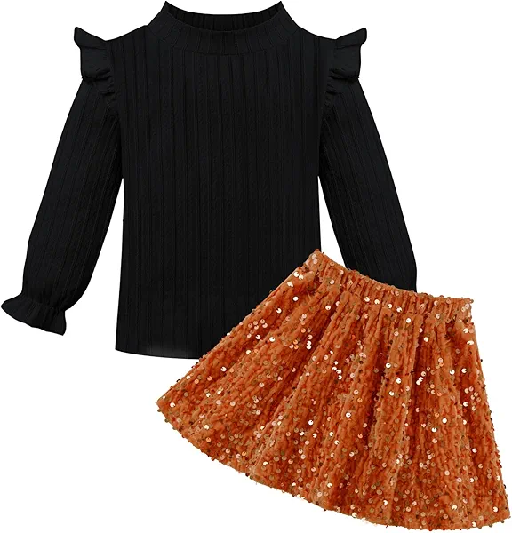 Weixinbuy Baby Girl Clothes Fall Winter Outfits Toddler Sequin Skirt Set Long Sleeve Shirt Top Glitter Skirts 2 Piece Outfit