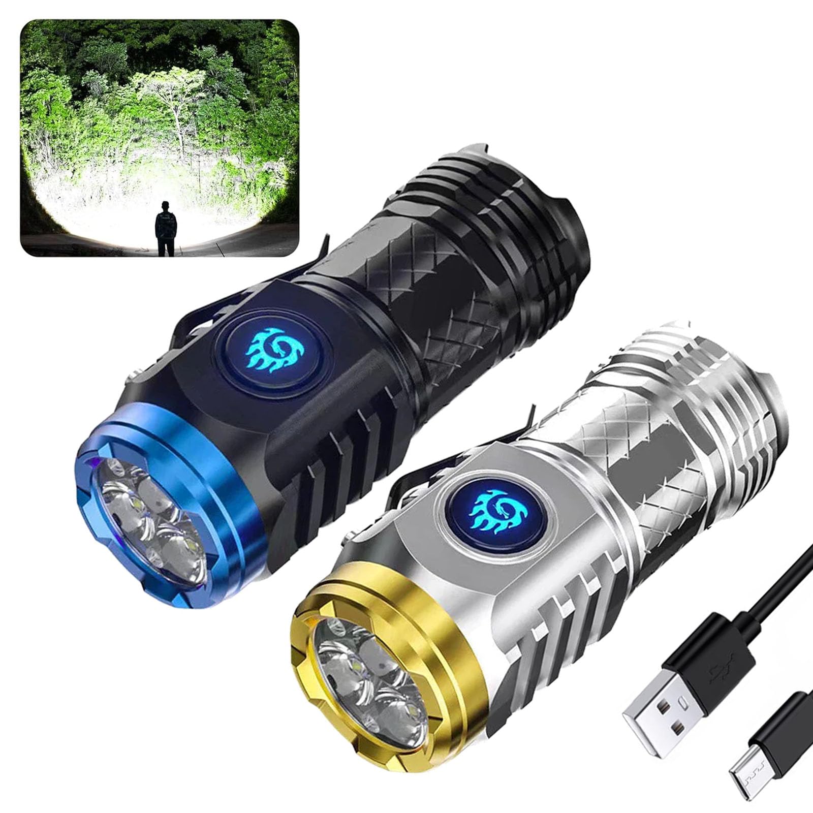 fencyattGerman Three-Eyed Monster Mini Flash Super Power Flashlight, Rechargeable High LumensHigh Power Led Flashlights with Zoomable, 5 Modes IPX7 Waterproof Flashlight (2pcs Black&Silver)