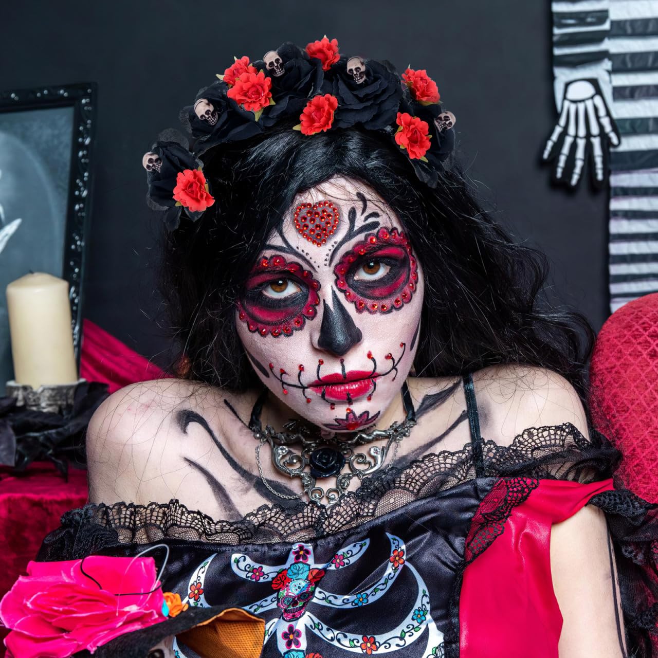 BESPORTBLE Day Of Dead Headband Mexican Skull Crown Hair Hoop Cosplay Party Headwear Halloween Headpiece The Costumes Women Headbands Costume Veil Rose Floral Tights Necklace Accessories Headpieces - Image 3