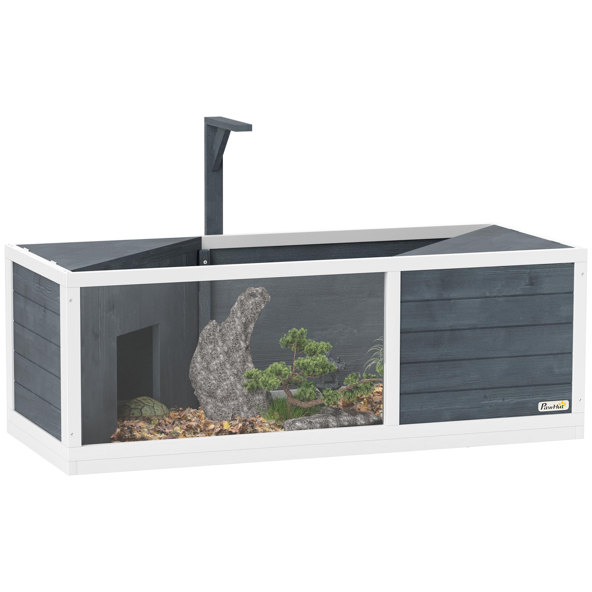 PawHut Casa per tartarughe XL 120 cm - terrario per tartarughe terrestri in legno, 2 nicchie con tetto apribile e area giochi aperta - recinto con supporto per lampada e finestra panoramica, grigio