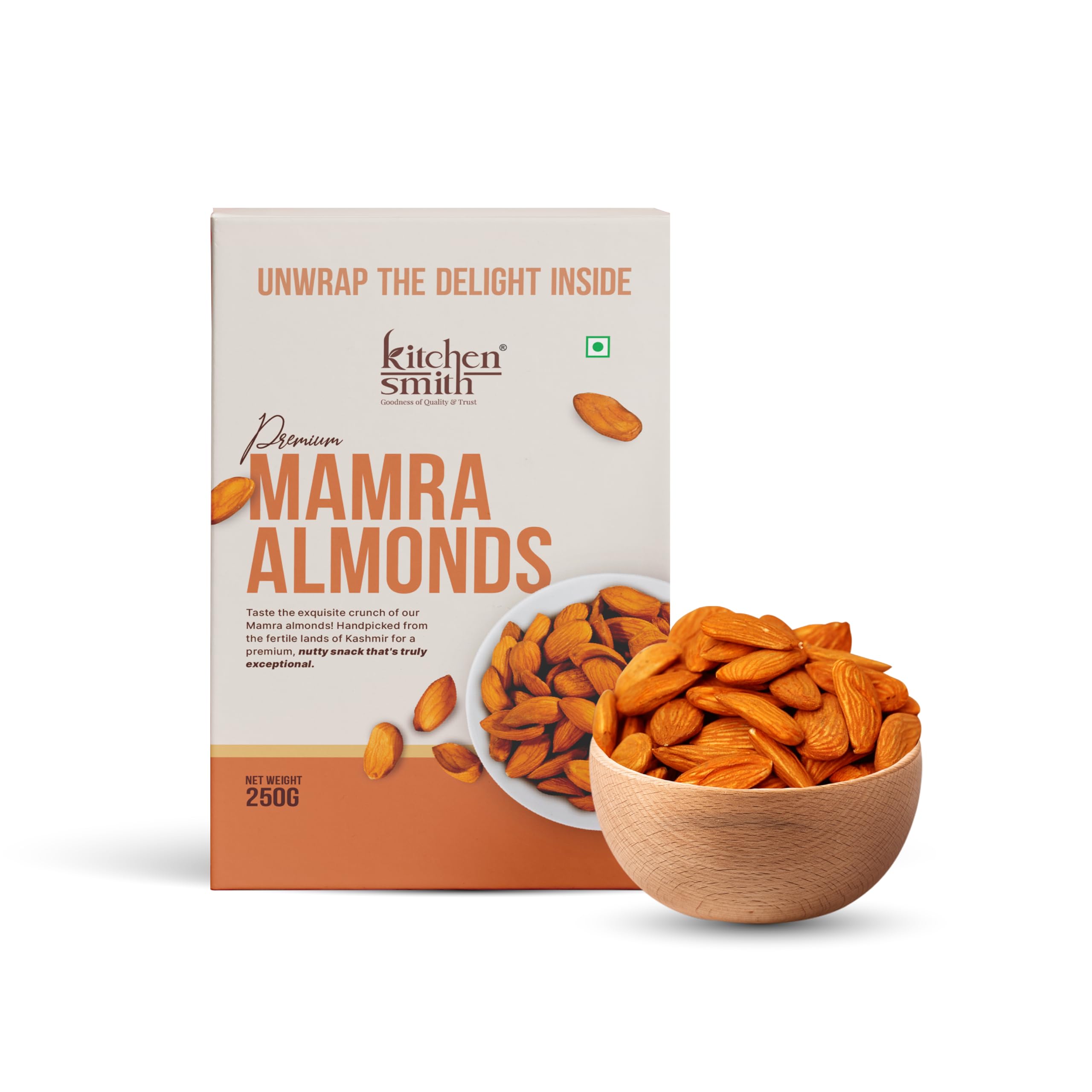 KitchenSmith Mamra Almonds - 250gm | High In Antioxidant | Naturally Sweet And Tasty | Energy Booster | Premium Dry Fruits