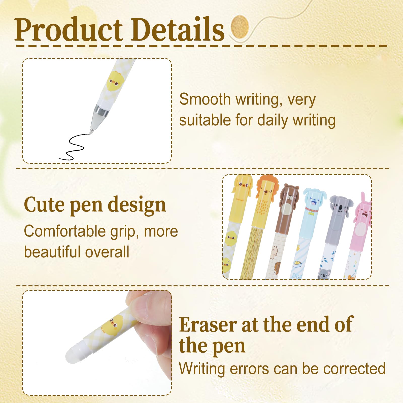 Guangcailun 6PCS Erasable Pens Black Set, 6 Kinds of Rub Out Pens Animals, 0.5mm Fine Cute Pen, Cute Stationery Set for Kids and Adults - Image 3