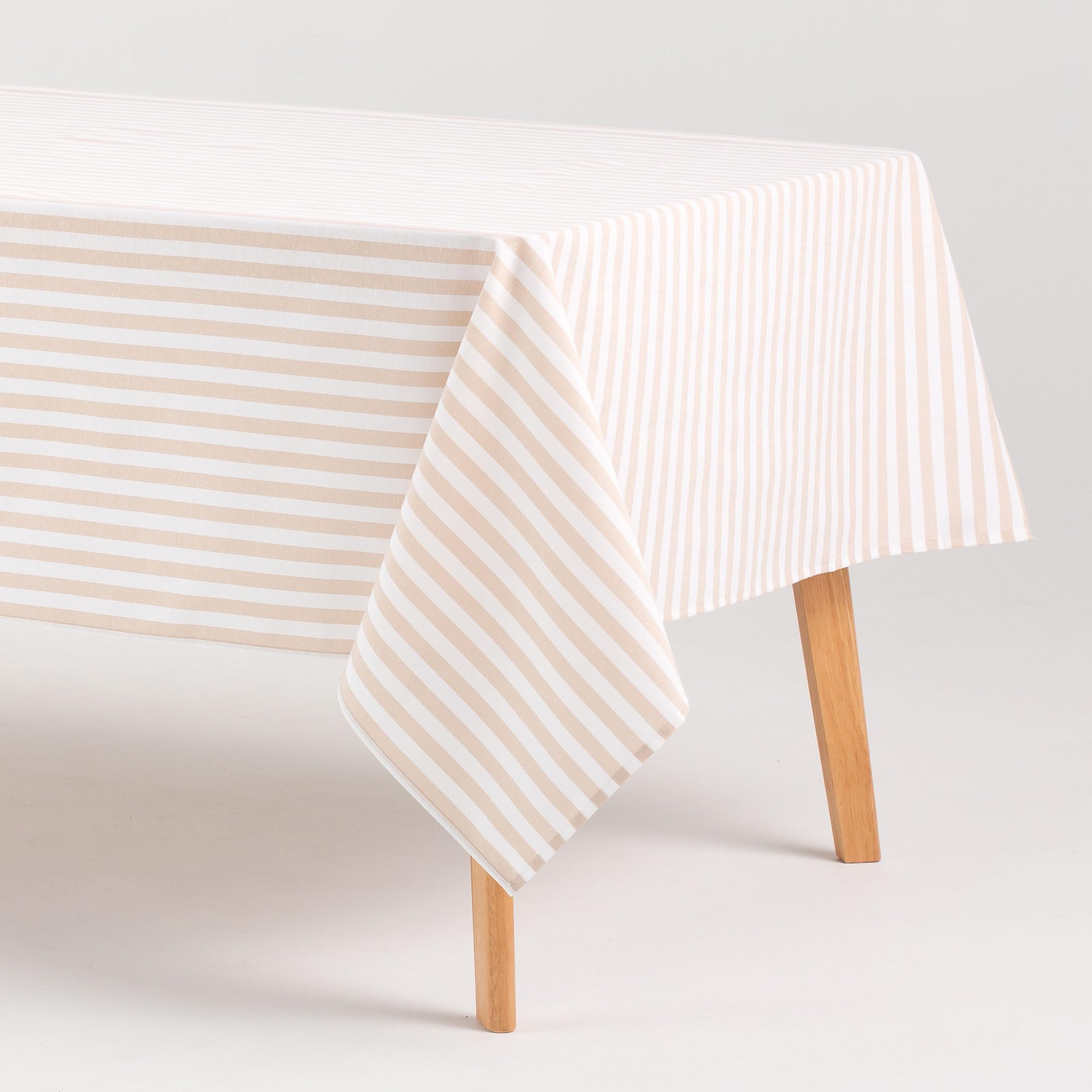 Gamusi Beige Stain Resistant Rectangular Tablecloth Cotton Fabric Waterproof Stripes 140 X 240 Cm