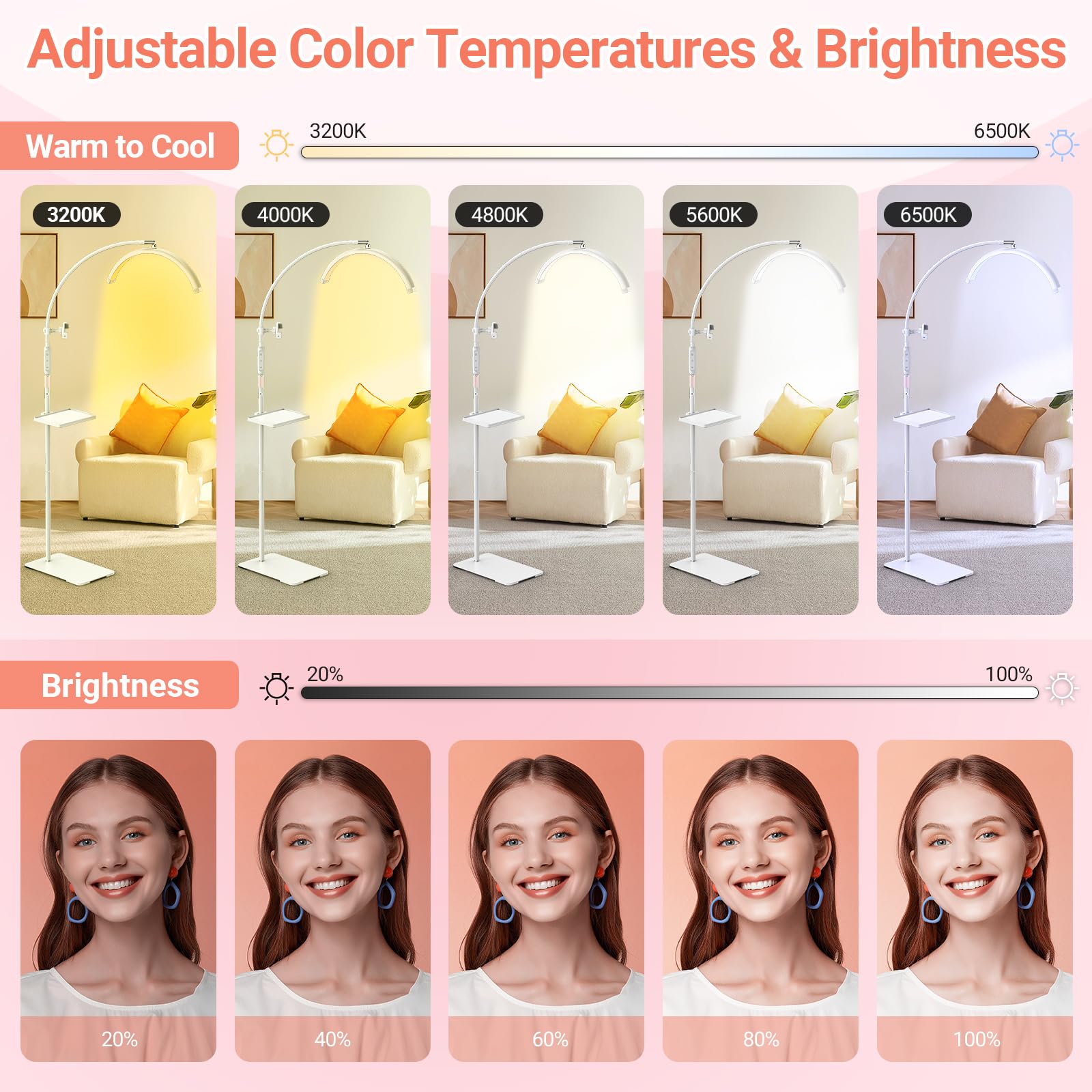 Lampara Extensiones de Pestañas: 18" Plegable Lampara LED de Pie Para Pestañas con 5 Colores Regulables & Rotación de 360° para Salón, Hogar, Blanco