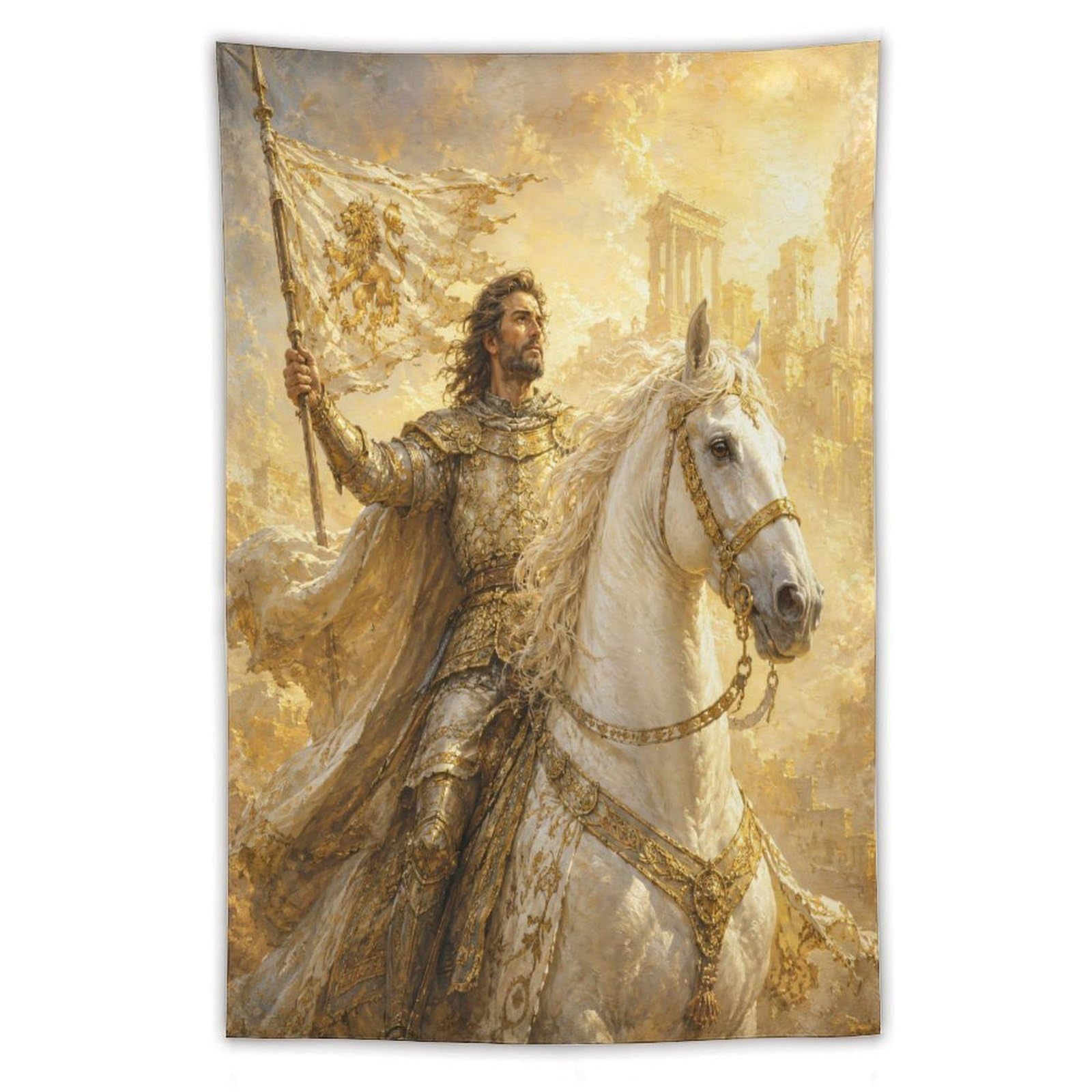 H3B8U2Y5 Radiant Knight Wall Tapestry, Renaissance Art Style, Sunlit Ruins